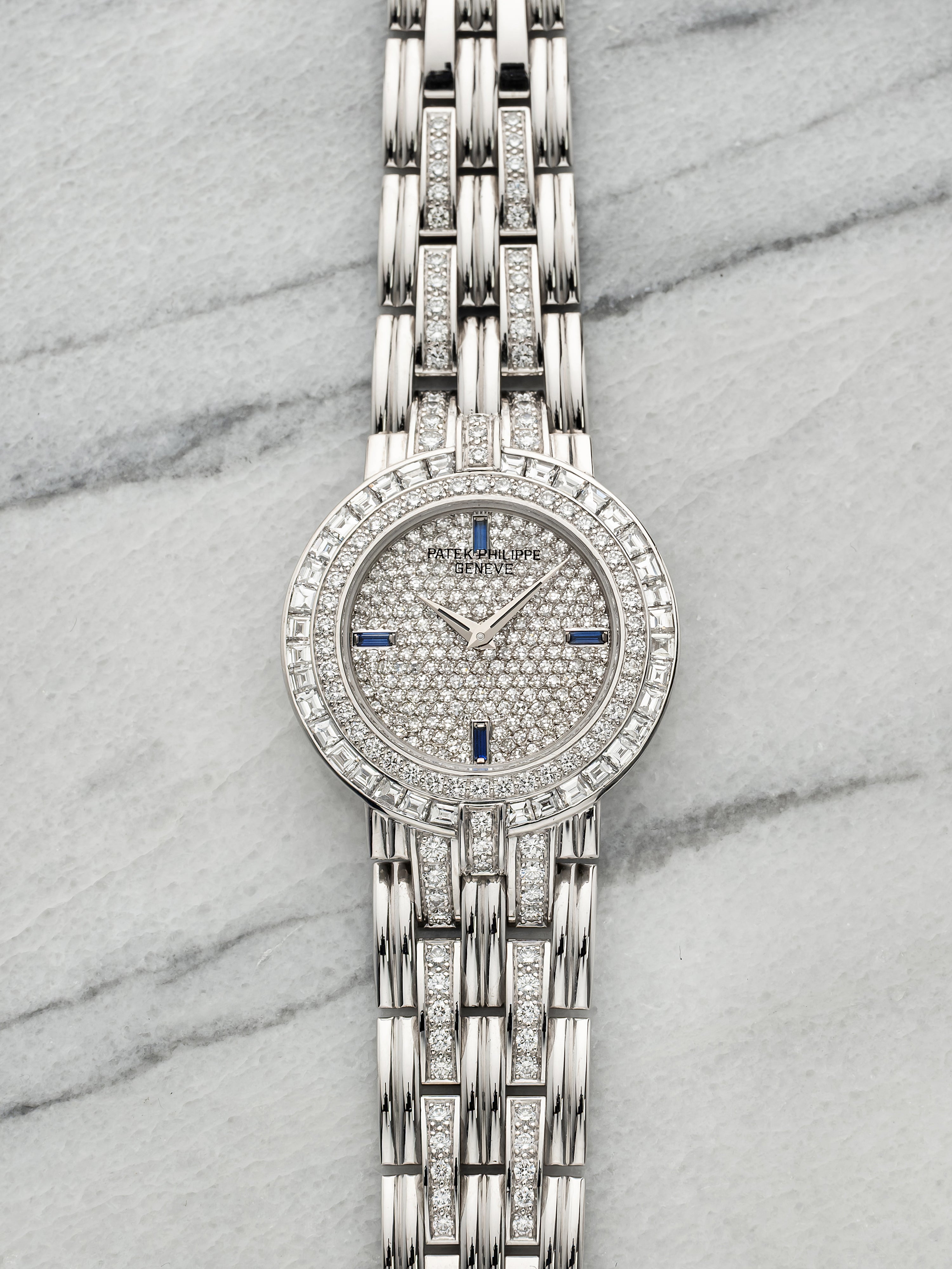 Vintage 1980s Patek Philippe 3982/1G 18K WG Diamond Sapphire Dial Quartz 32mm