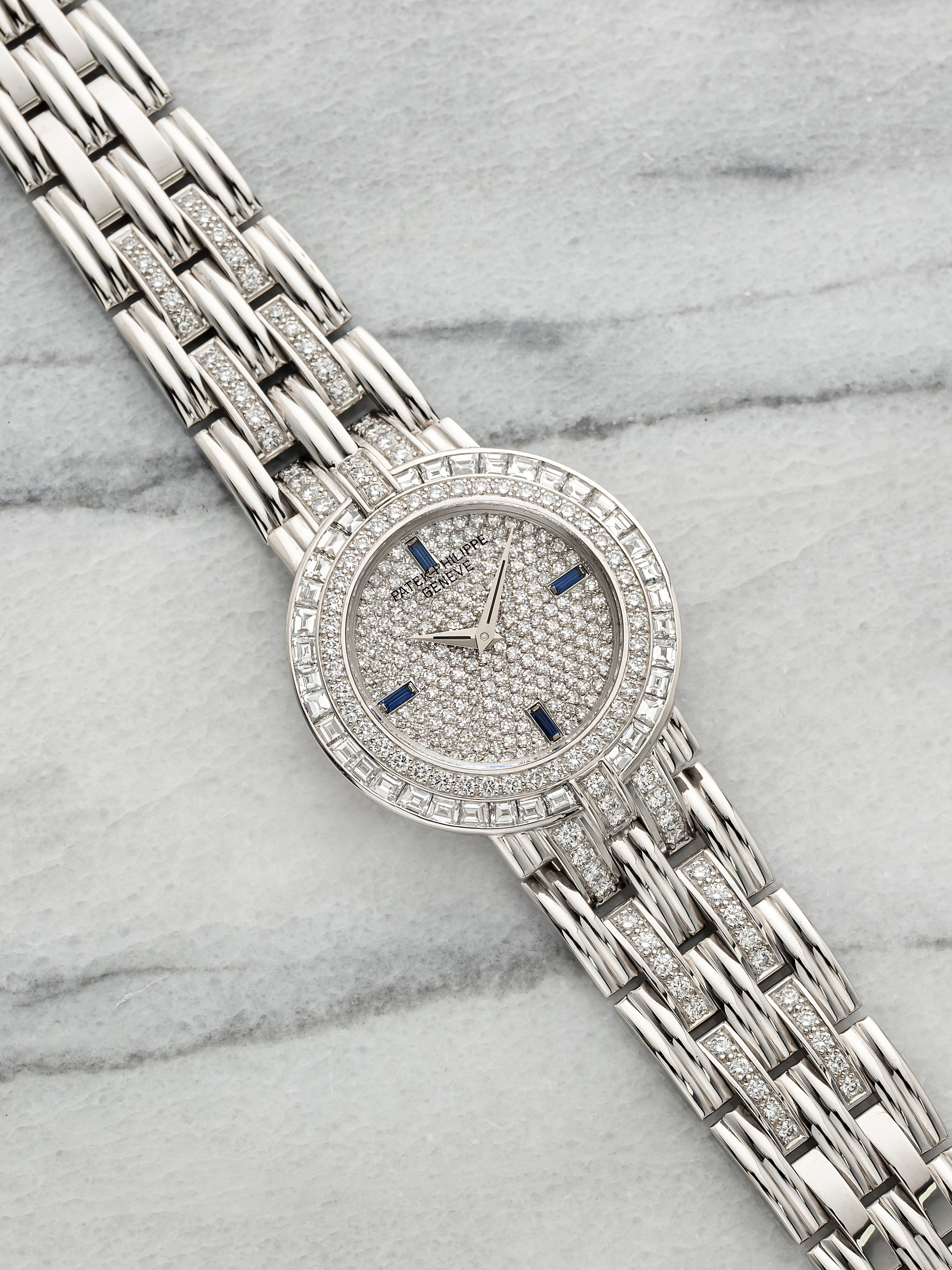 Vintage 1980s Patek Philippe 3982/1G 18K WG Diamond Sapphire Dial Quartz 32mm