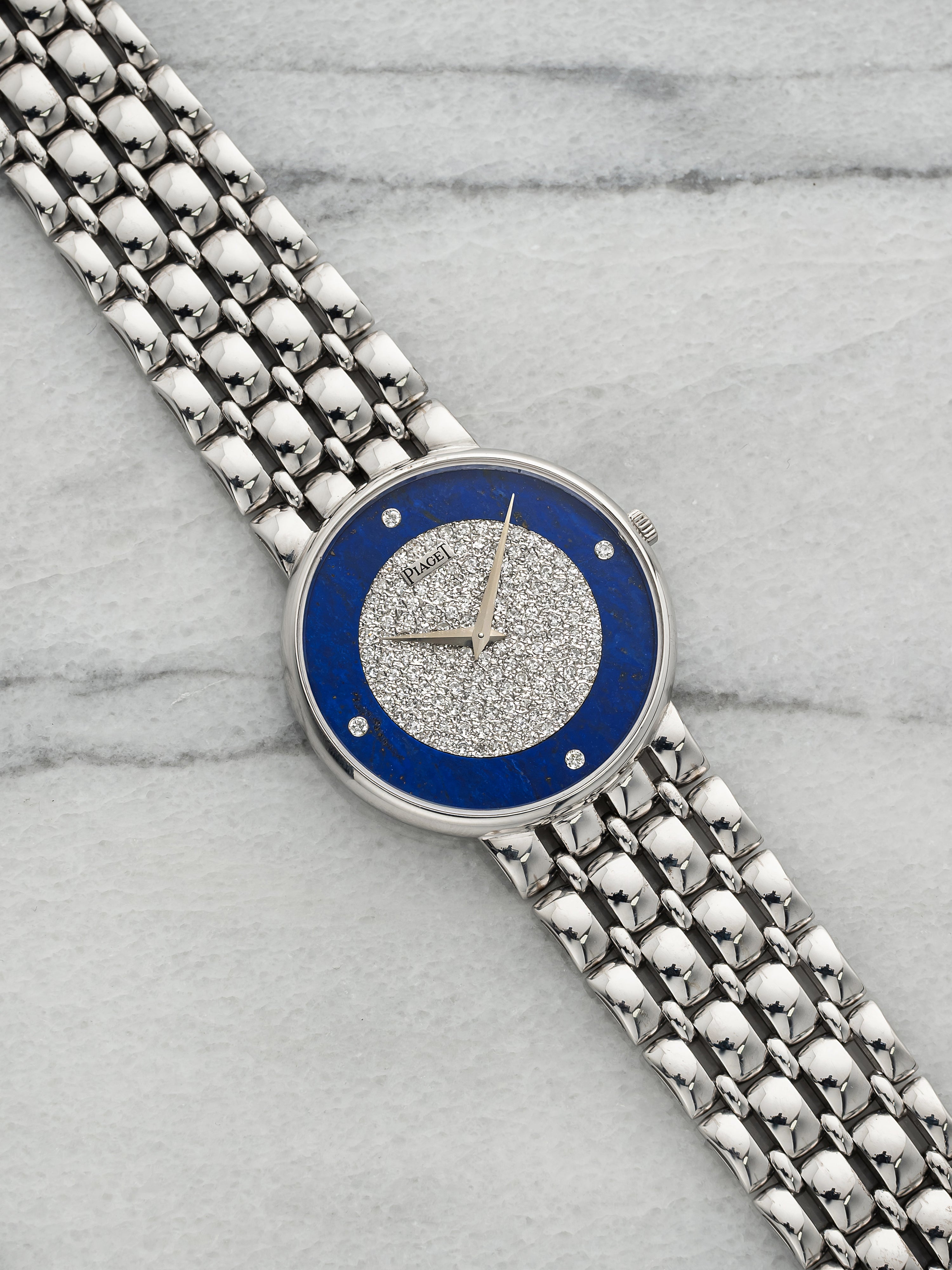 Vintage 1980s Piaget 8065 K61 18K White Gold Lapis Diamond Dial Quartz 32mm