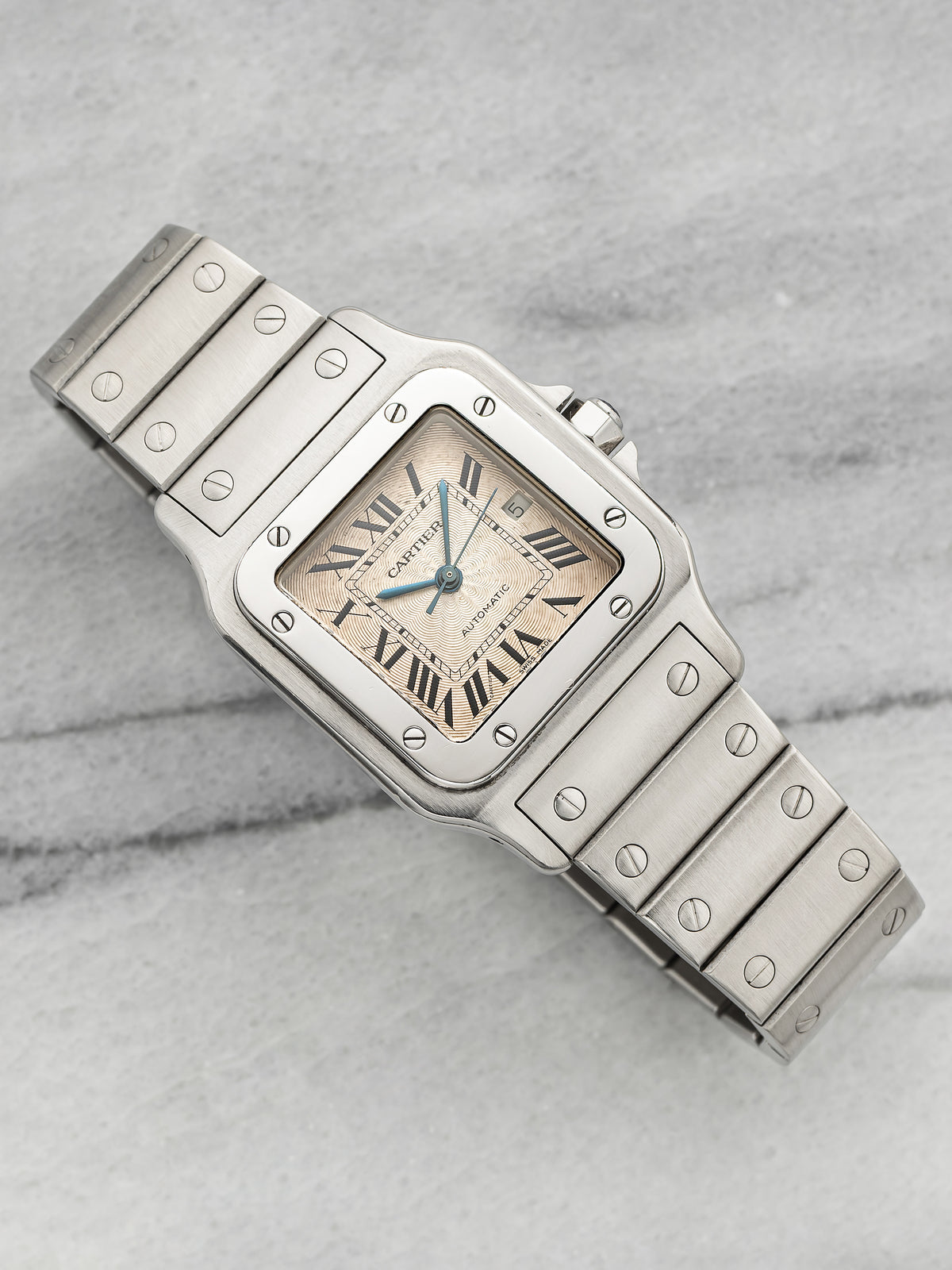 Vintage 1990s Cartier Santos 2319 Stainless Steel Cream Patina Dial Auto 29mm