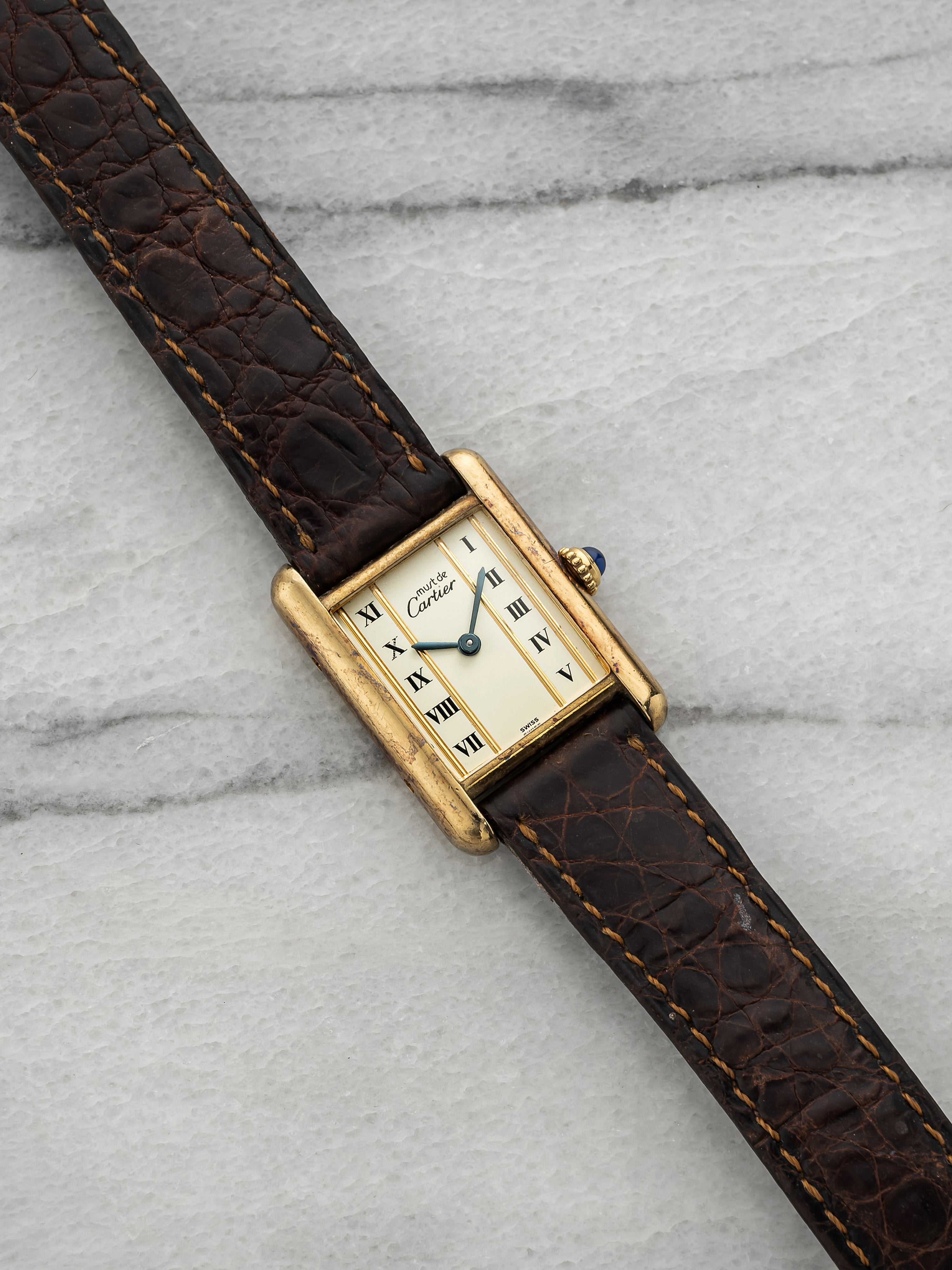 Vintage 1980s Cartier Lady Must de Cartier Tank Vermeil Line Dial Quartz 21mm