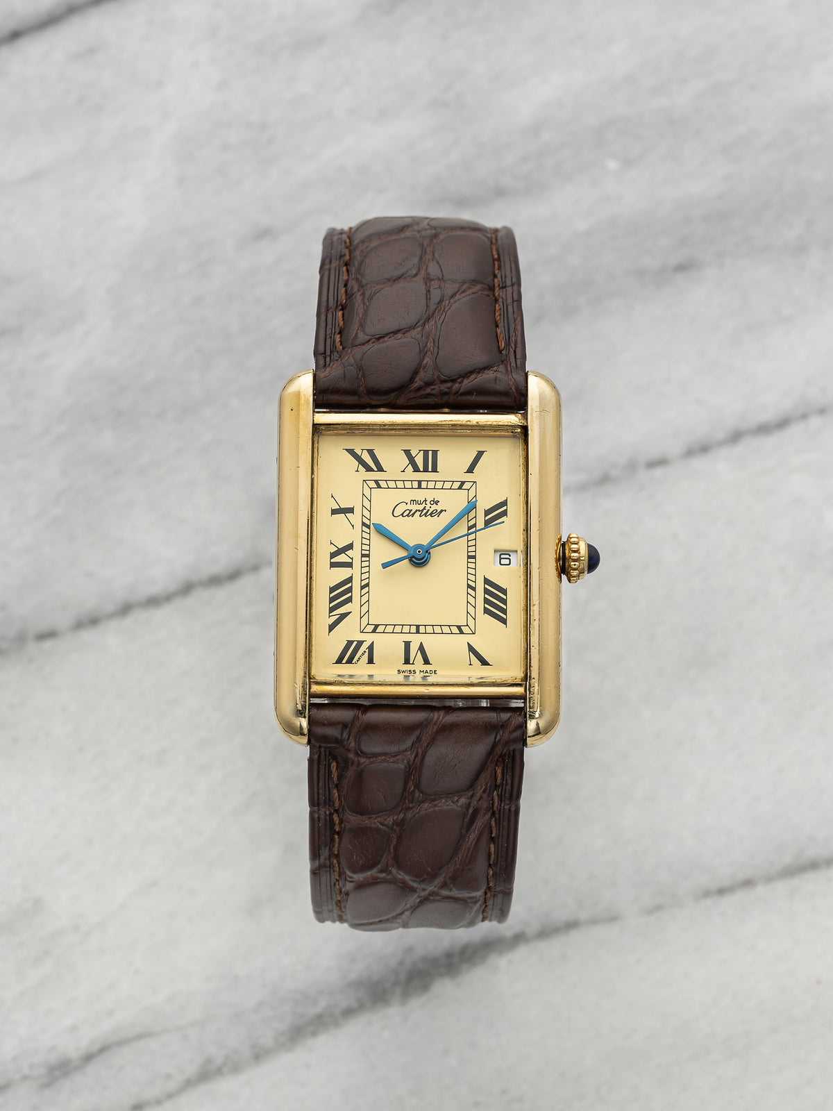 2000s Cartier Must de Tank 2413 Gold Vermeil Roman Lemon Dial Quartz 25mm