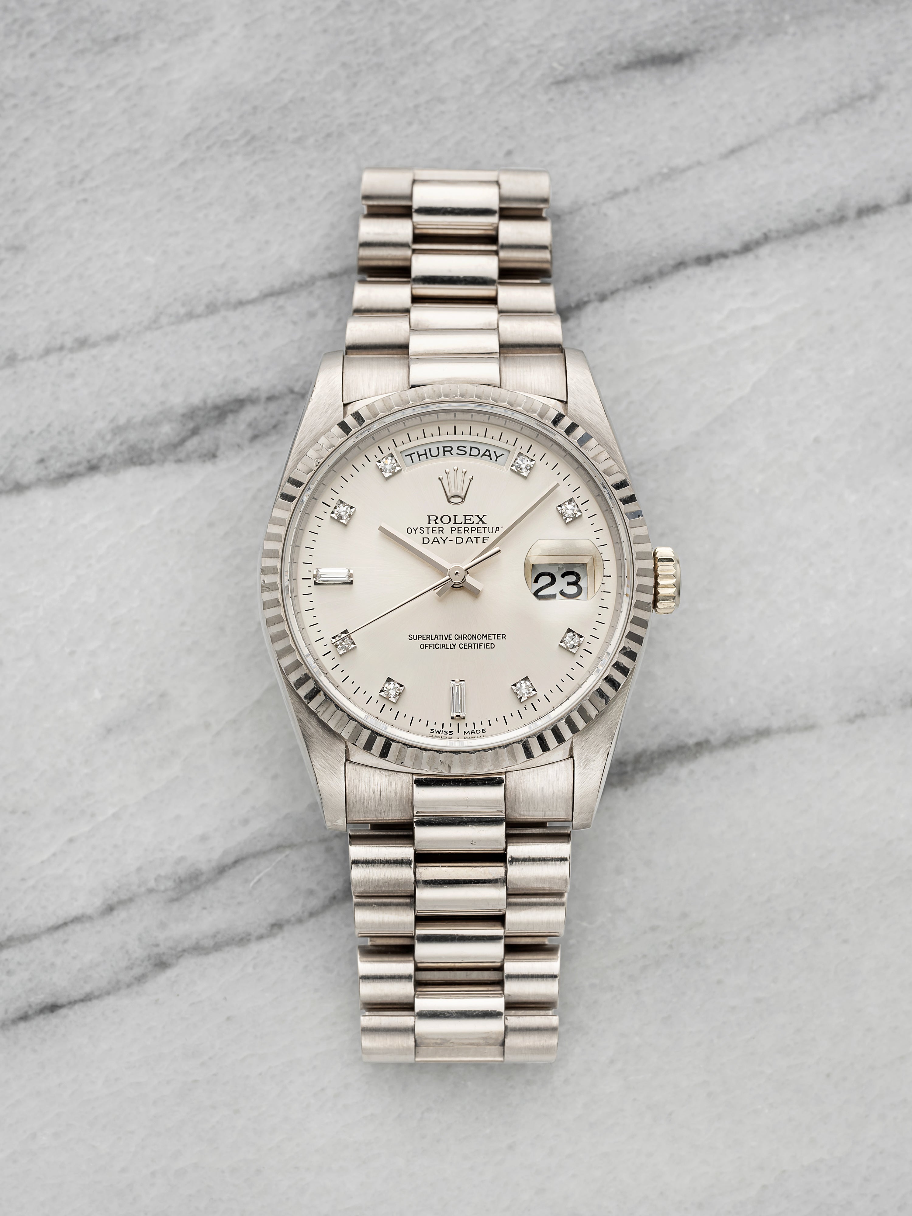 Vintage 1990 Rolex Day-Date 18239 18K WG Silver Diamond Dial Auto 36mm
