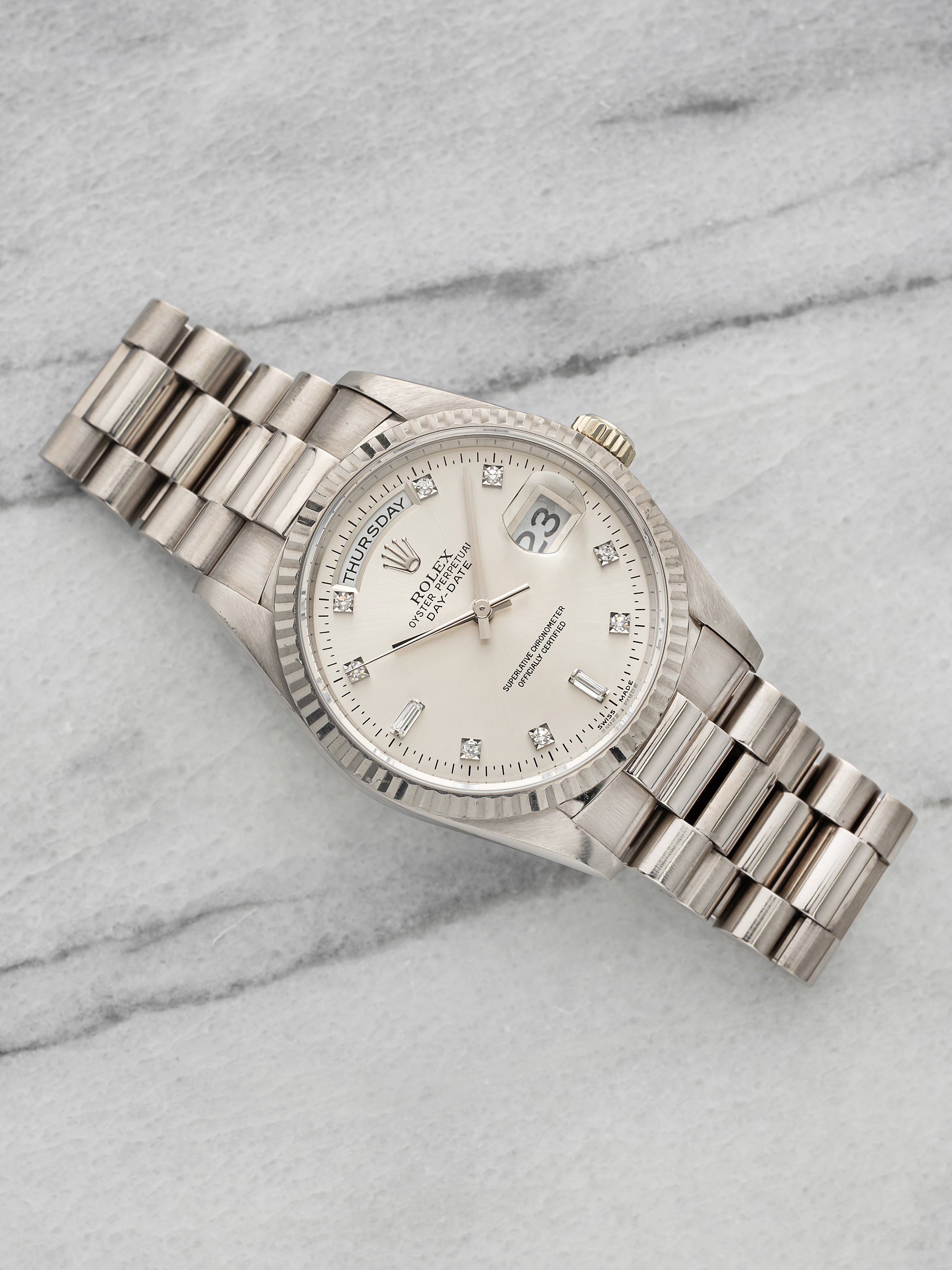 Vintage 1990 Rolex Day-Date 18239 18K WG Silver Diamond Dial Auto 36mm