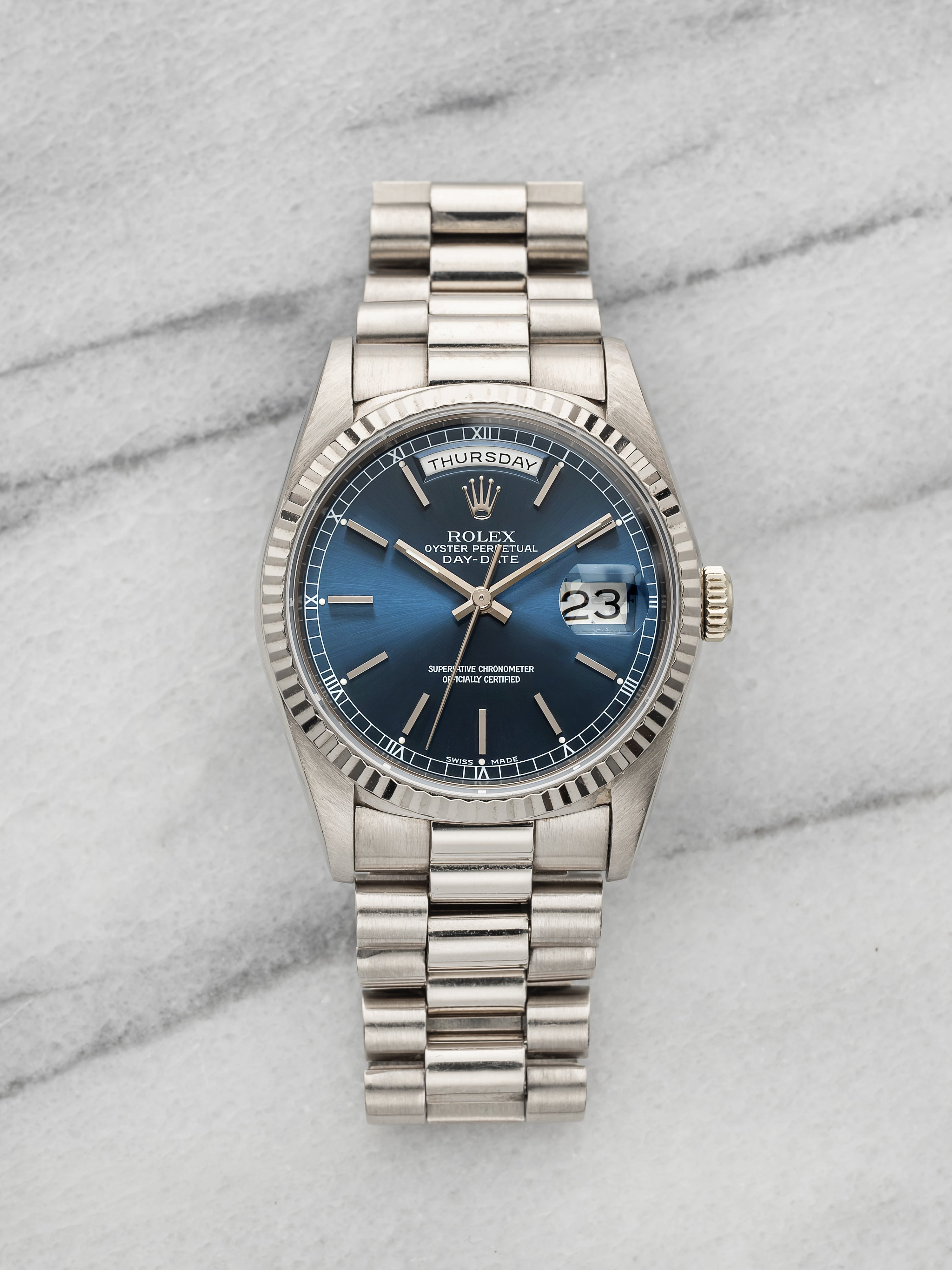 Vintage 1990 Rolex Day-Date 18239 18K White Gold Blue Sunburst Dial Auto 36mm