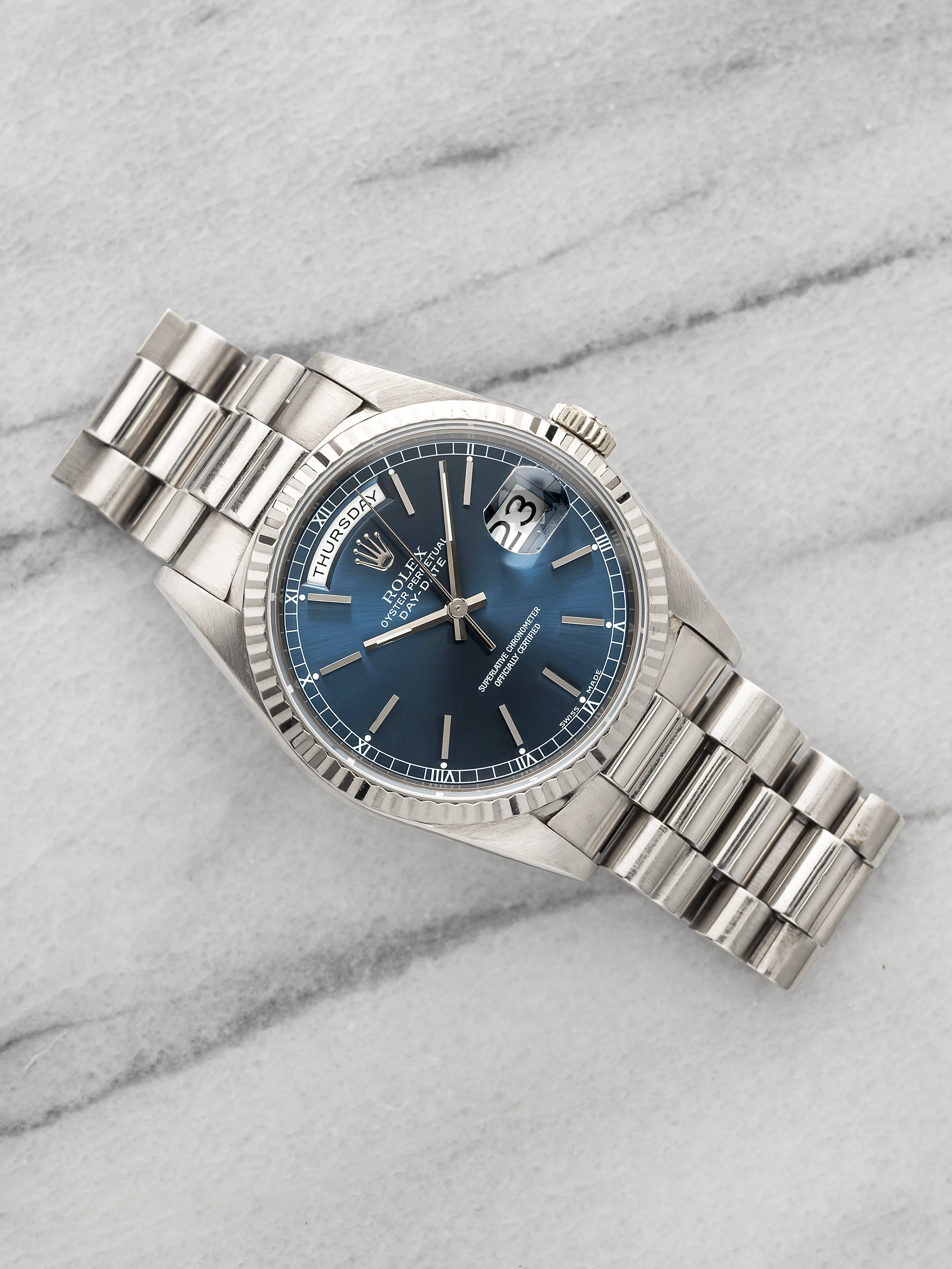 Vintage 1990 Rolex Day-Date 18239 18K White Gold Blue Sunburst Dial Auto 36mm