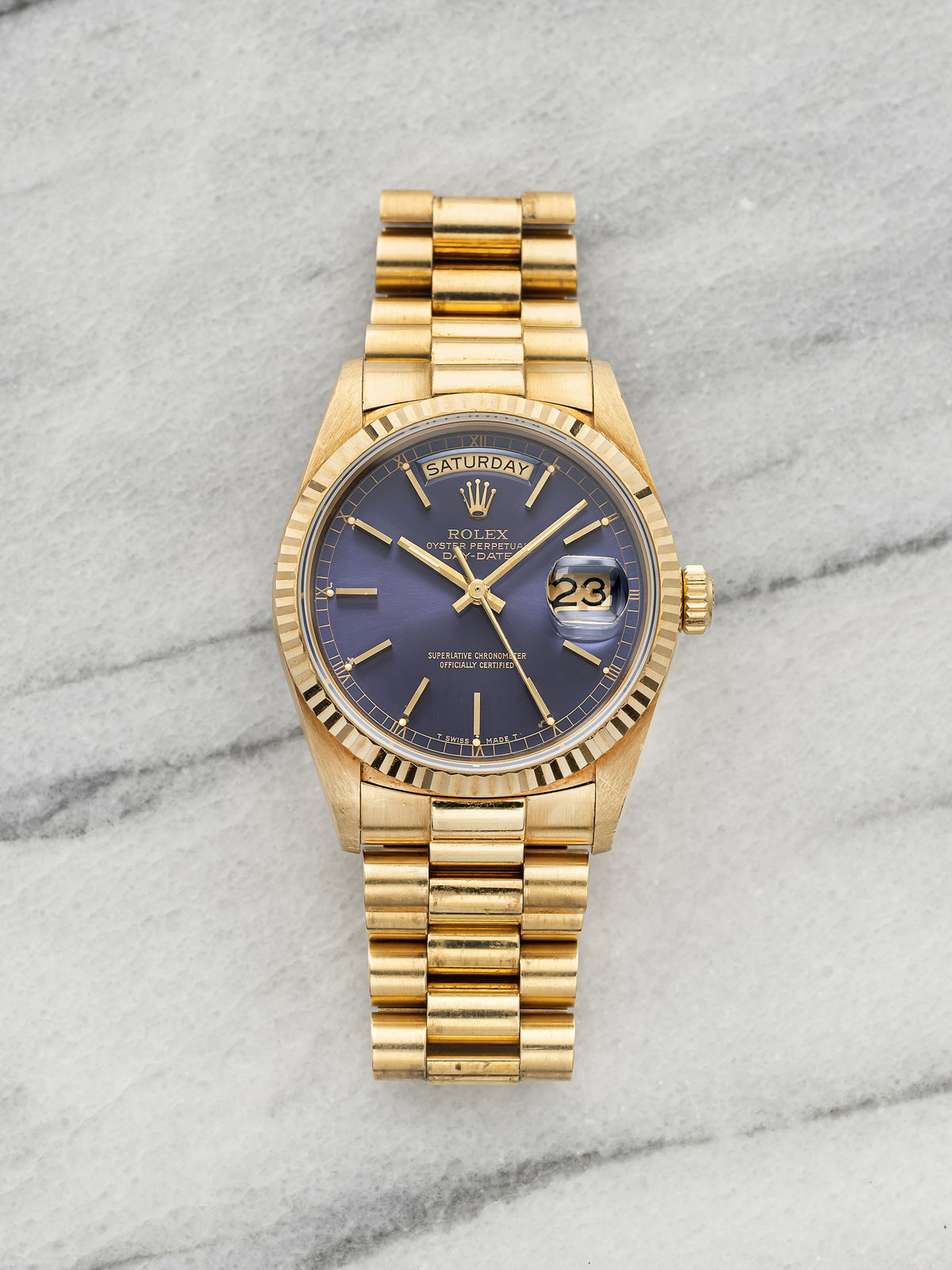 Vintage 1987 Rolex Day-Date 18038 18K Yellow Gold Purple Sunburst Dial Auto 36mm