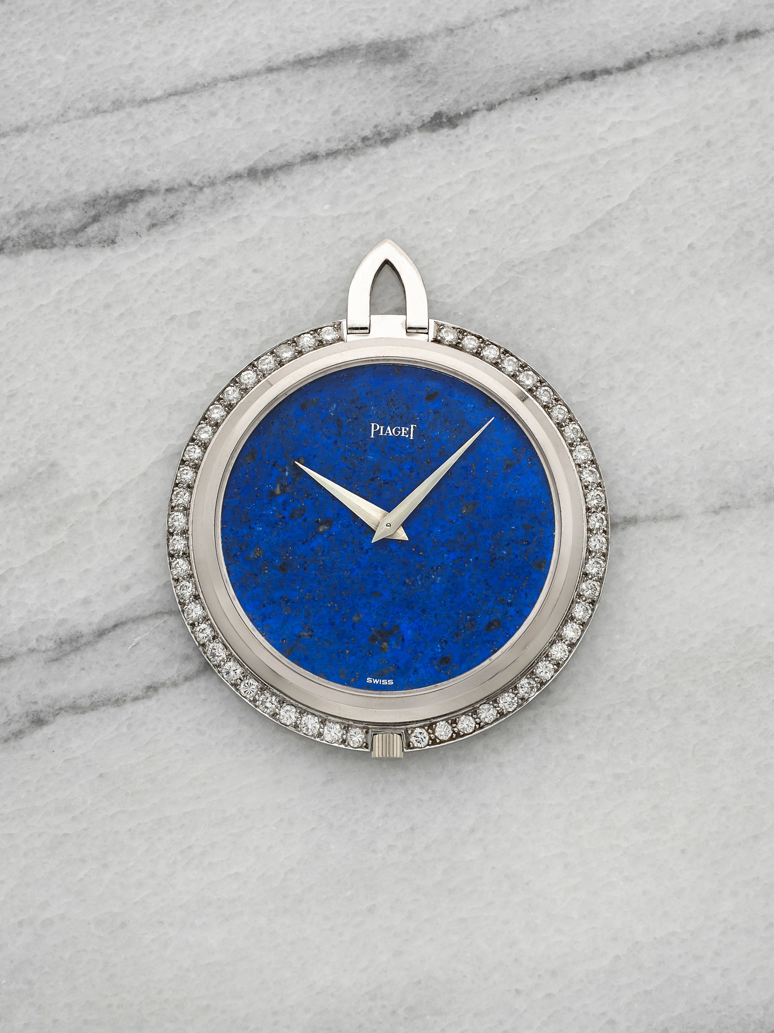 Vintage 1960s Piaget Pocket Watch 995 18K WG Lapis Lazuli Diamond Manual 42mm