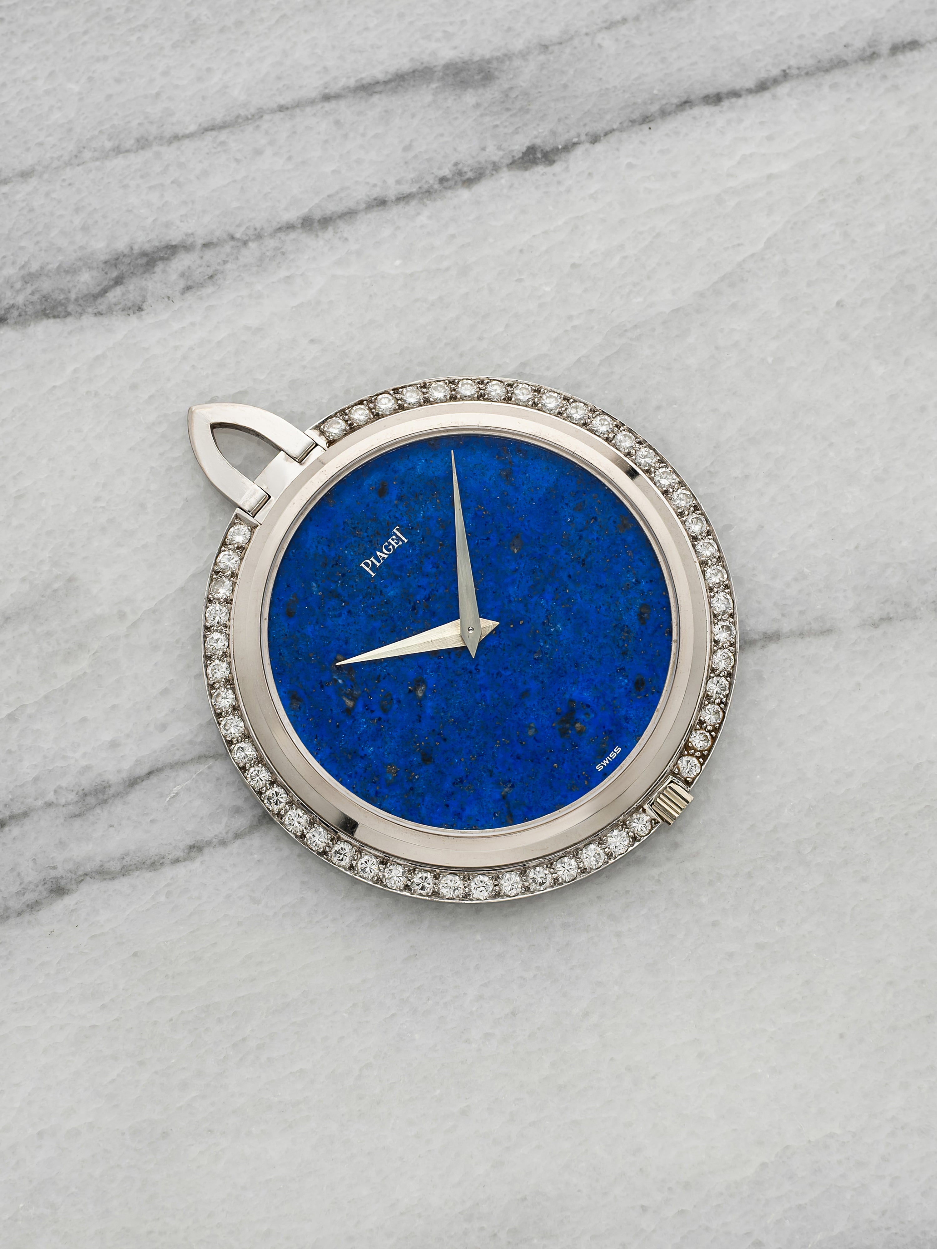 Vintage 1960s Piaget Pocket Watch 995 18K WG Lapis Lazuli Diamond Manual 42mm