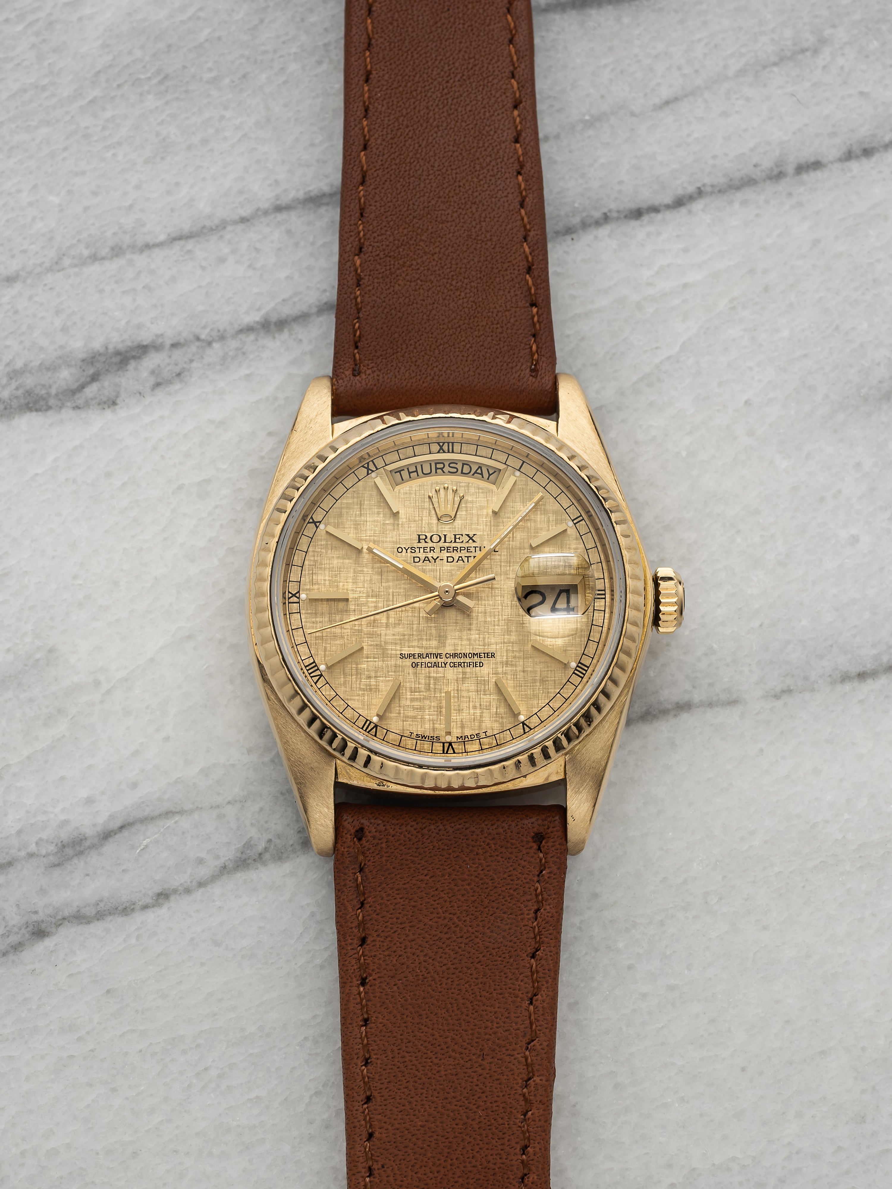 Vintage 1982 Rolex Day-Date 18038 18K Yellow Gold Champagne Linen Dial Auto 36mm