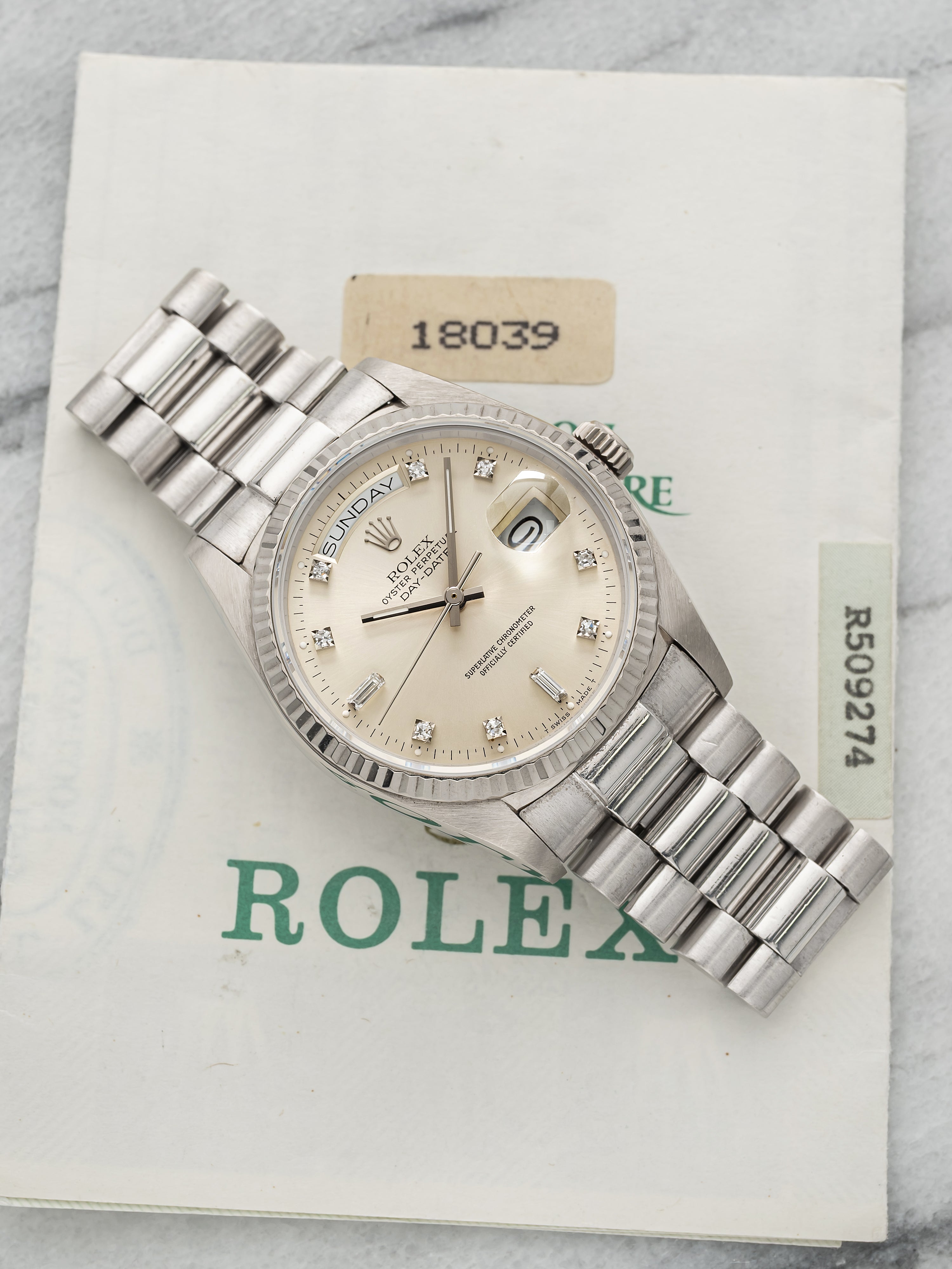 Vintage 1989 Rolex Day-Date 18039 18K White Gold Silver Diamond Dial Auto 36mm