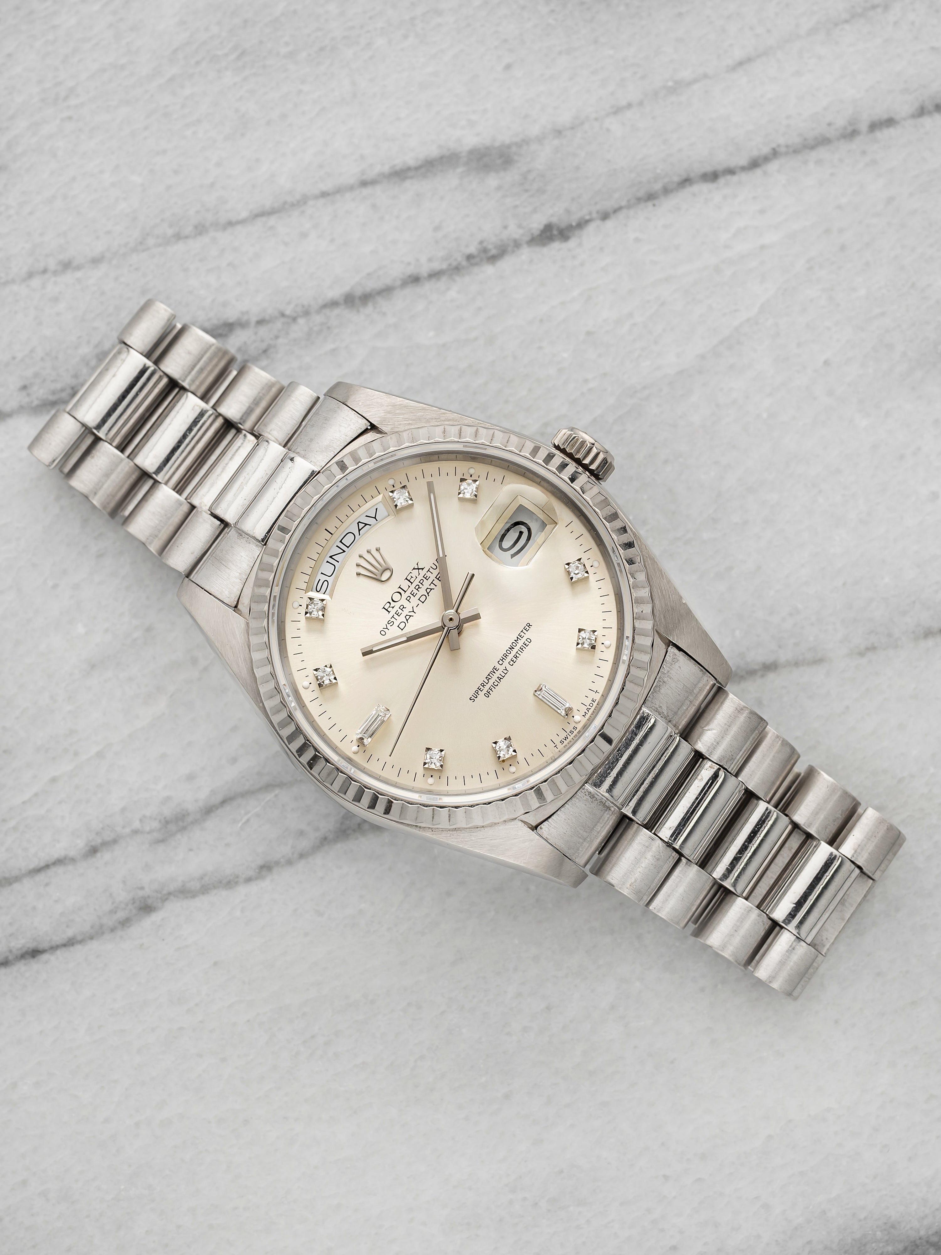 Vintage 1989 Rolex Day-Date 18039 18K White Gold Silver Diamond Dial Auto 36mm