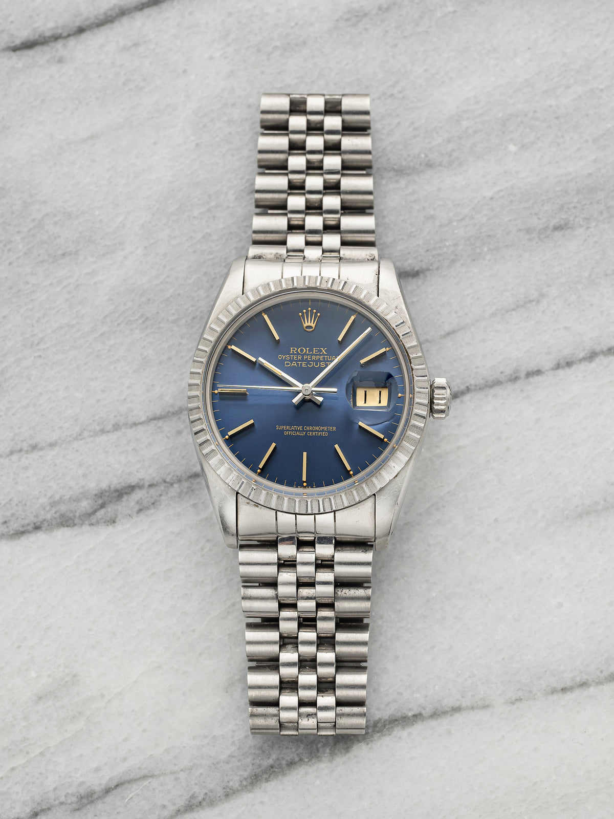 Vintage 1979 Rolex Datejust 16030 Steel Blue Sunburst Gold Index Dial Auto 36mm