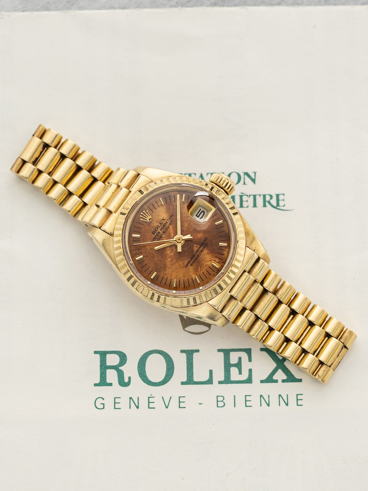 Vintage 1979 Rolex Lady Datejust 6917 18K YG Birch Wood Dial Auto 26mm