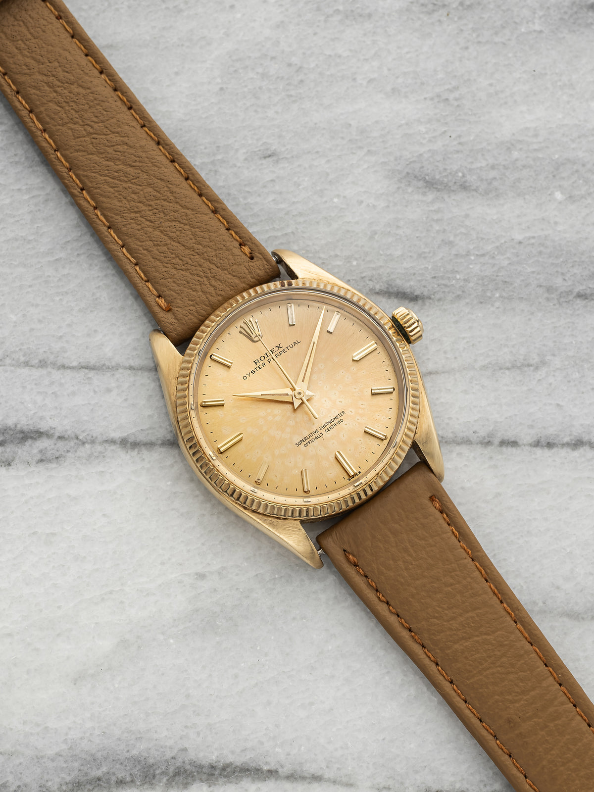 Vintage 1960 Rolex Oyster Perpetual 1005 18K YG Champagne Sunburst Dial 34mm