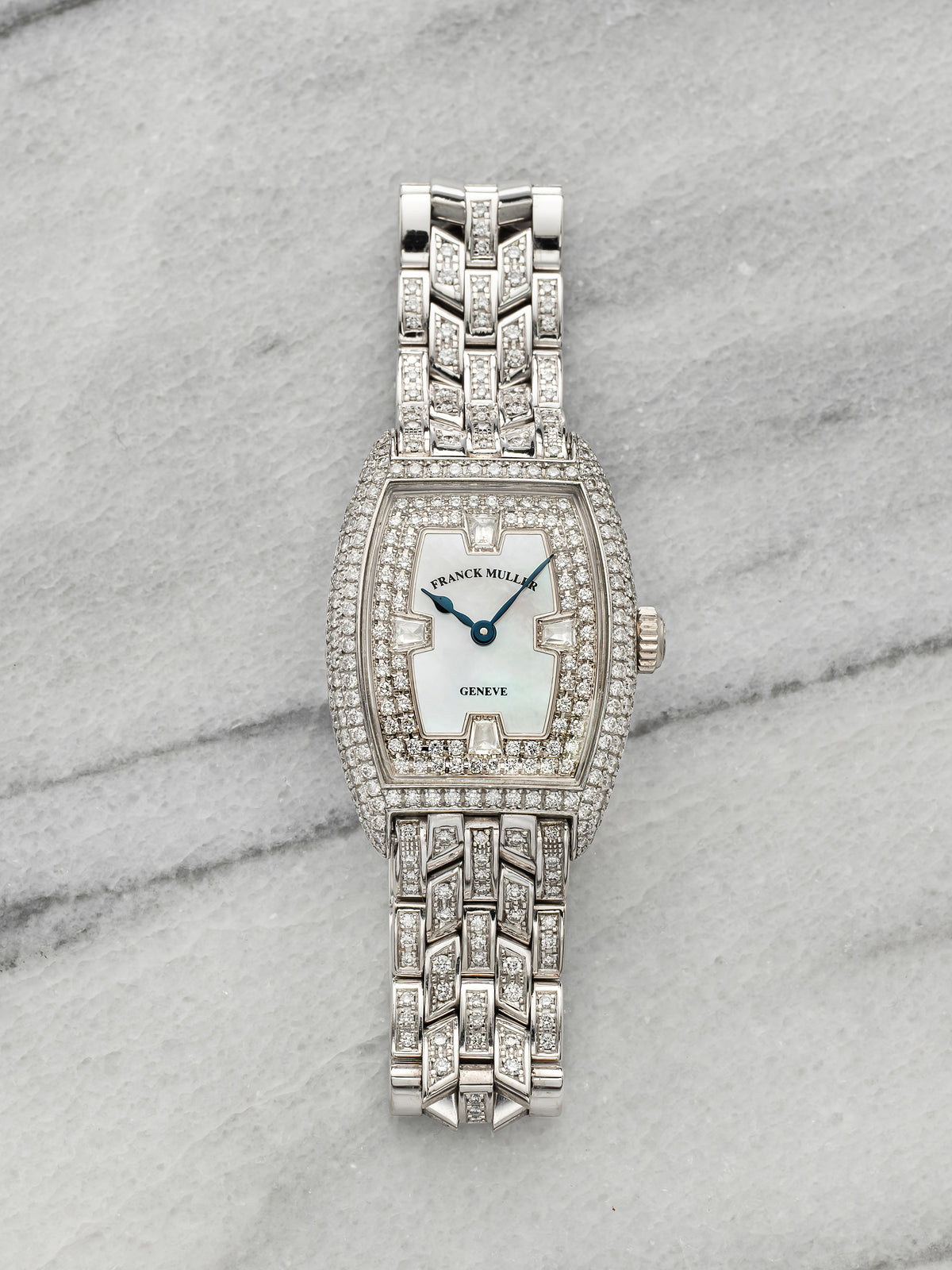 2000s Franck Muller Cintree Curvex 1750S6PMCD Manual 18K WG Diamond MoP 25mm