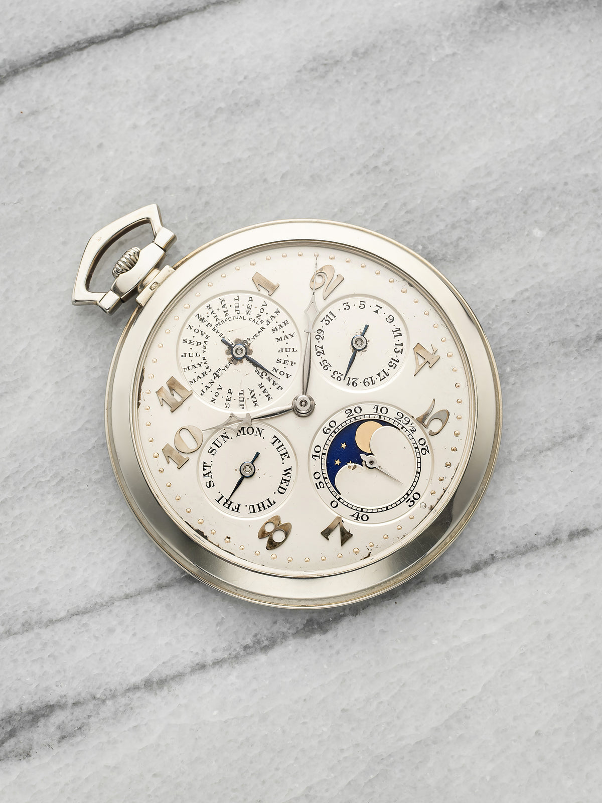 Vintage 1920s Patek Philippe QP Moonphase Pocket Watch 18K WG Silver Manual 46mm