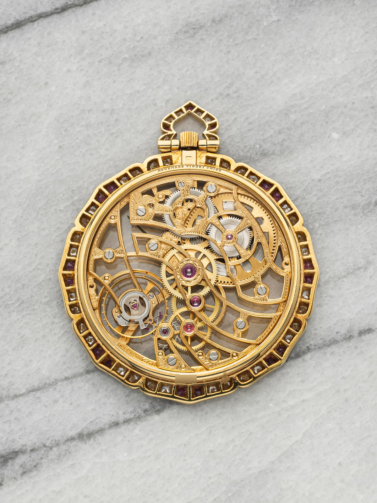 Vintage 1980s Audemars Piguet Pocket Watch BA35729 18K YG Diamond Ruby 45mm