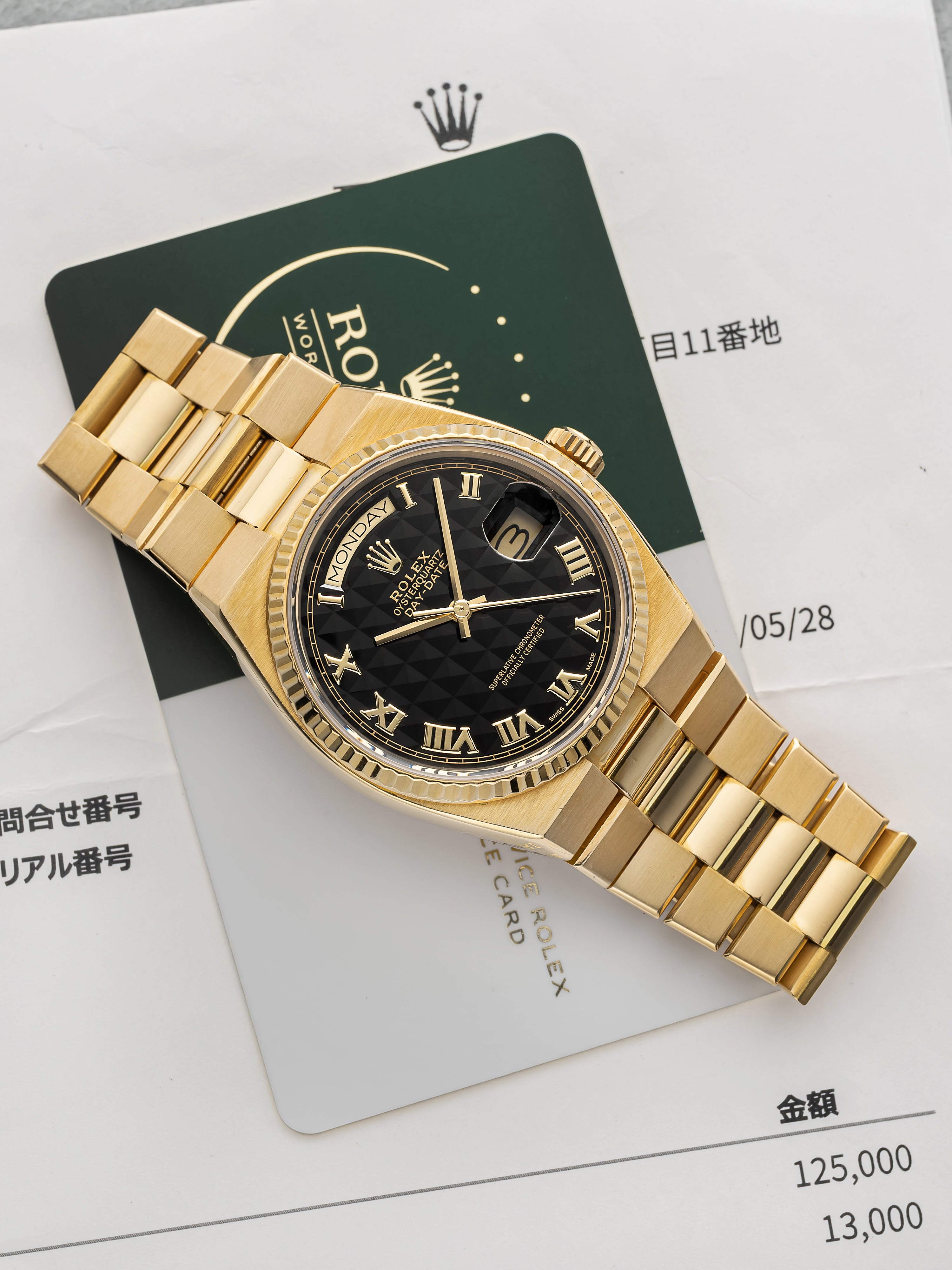 Vintage 1984 Rolex Day-Date Oysterquartz 19018 18K YG Pyramid Onyx Quartz 36mm