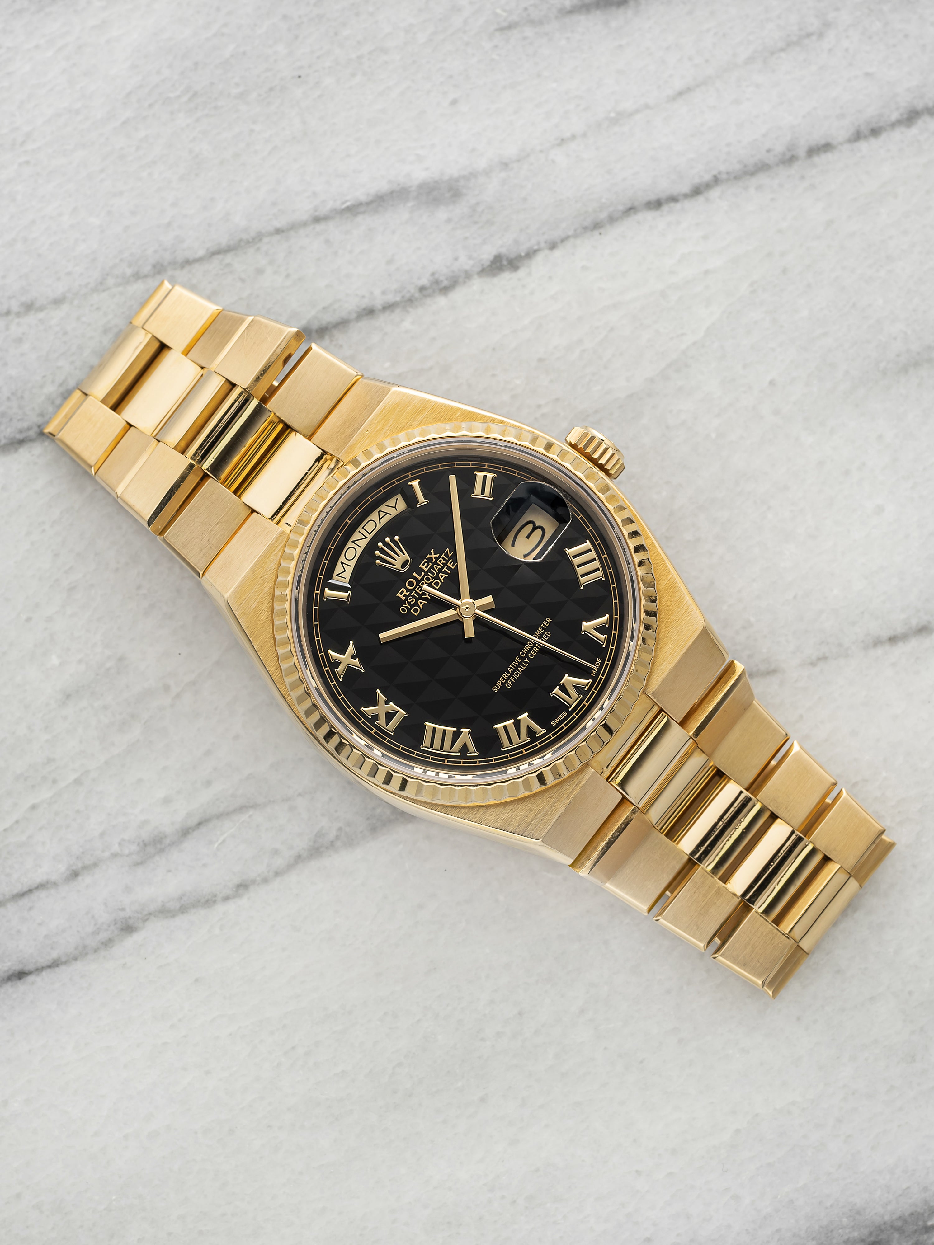 Vintage 1984 Rolex Day-Date Oysterquartz 19018 18K YG Pyramid Onyx Quartz 36mm