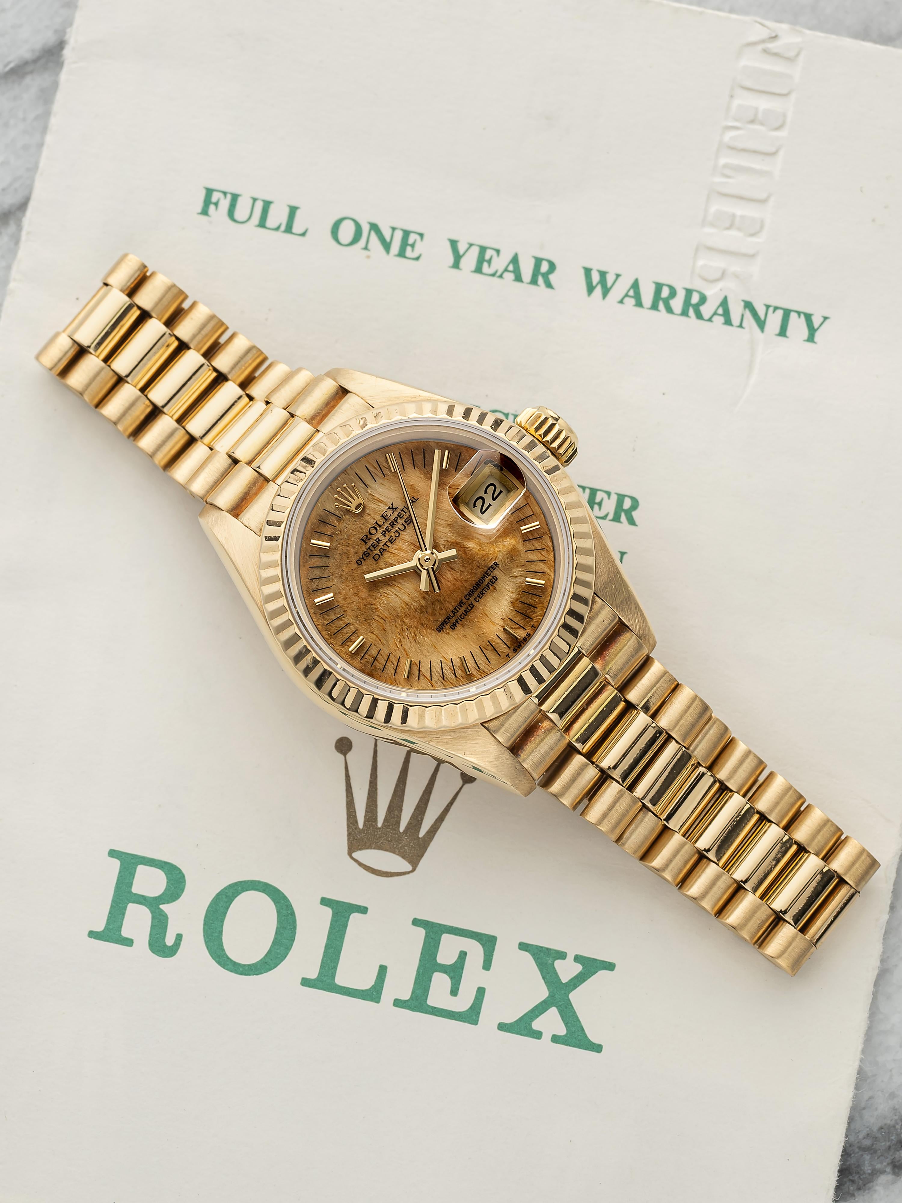 Vintage 1986 Rolex Lady Datejust 69178 18K YG Birch Wood Dial Auto 26mm