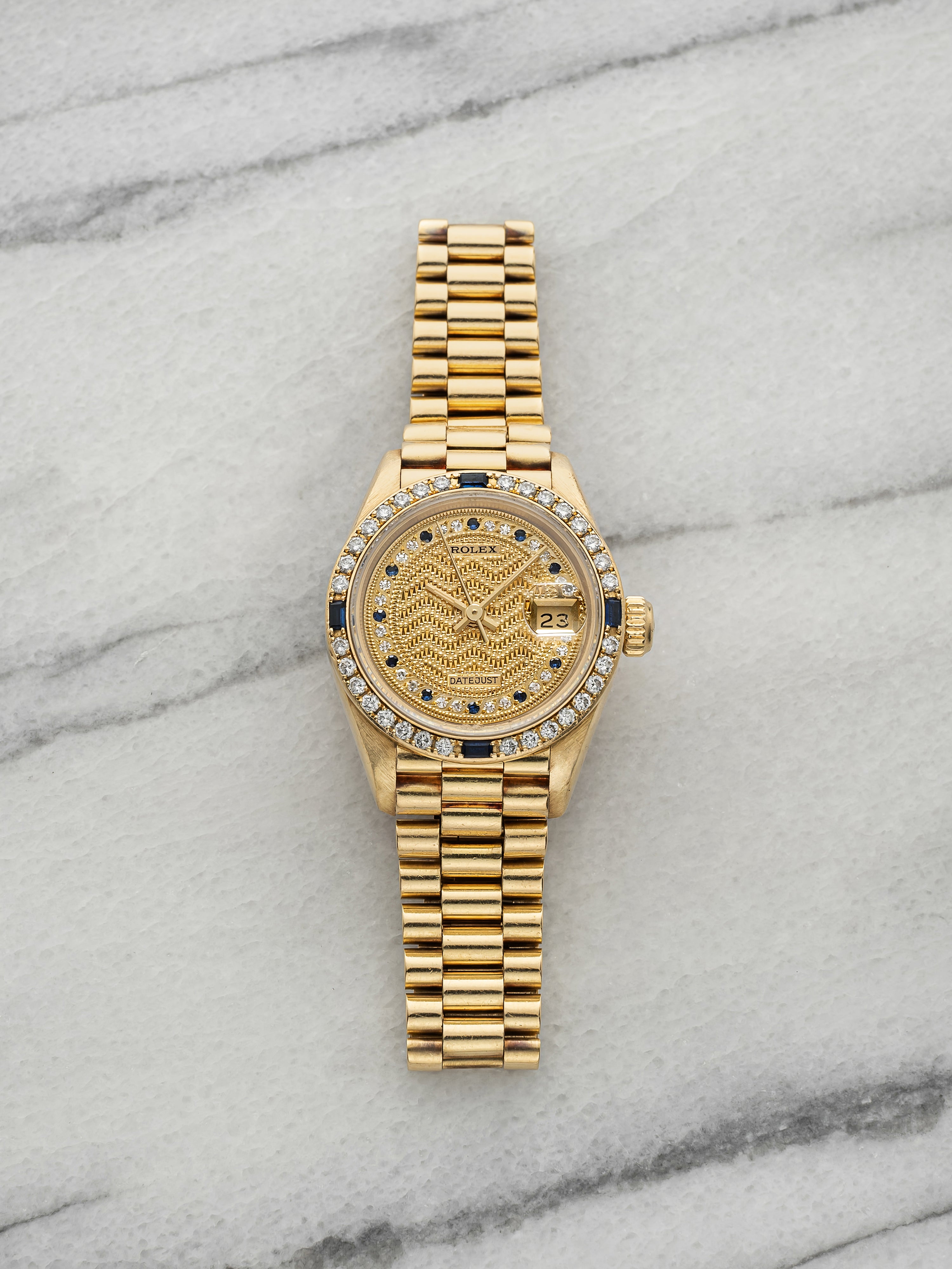Vintage 1989 Rolex Lady Datejust 69088 18K YG Missoni Sapphire Diamond Auto 26mm