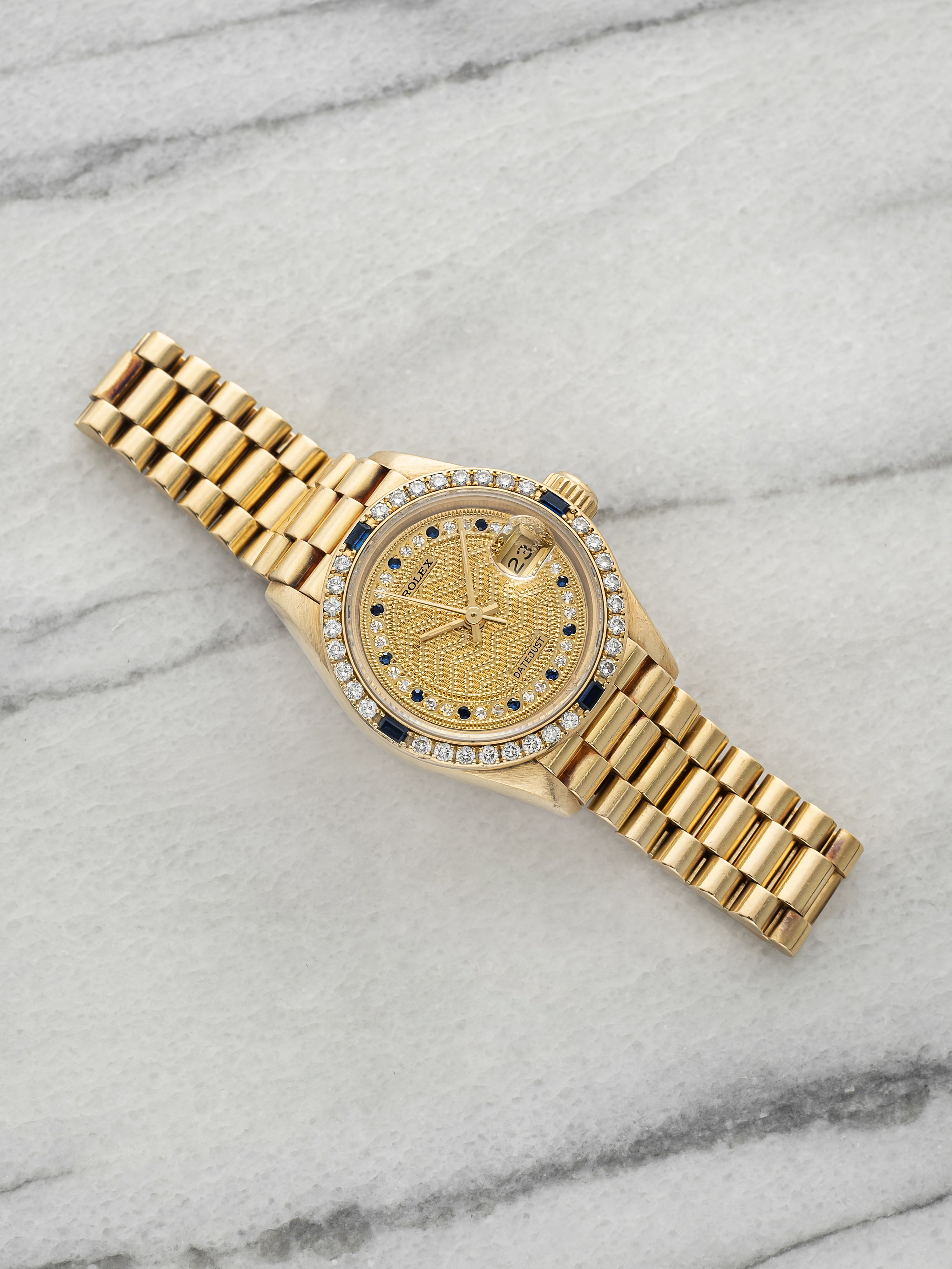 Vintage 1989 Rolex Lady Datejust 69088 18K YG Missoni Sapphire Diamond Auto 26mm