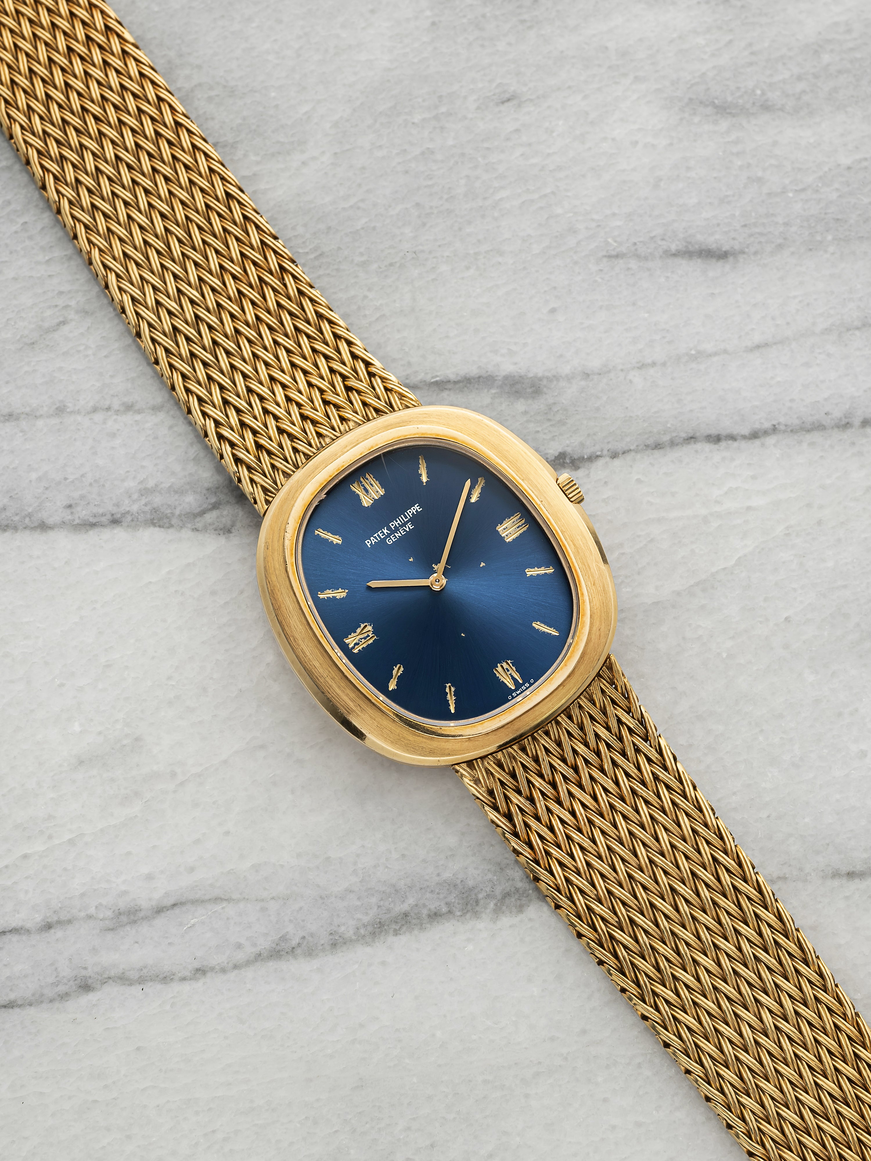 Vintage 1970s Patek Philippe Ellipse 3589/1 18K Yellow Gold Blue Dial Auto 33mm