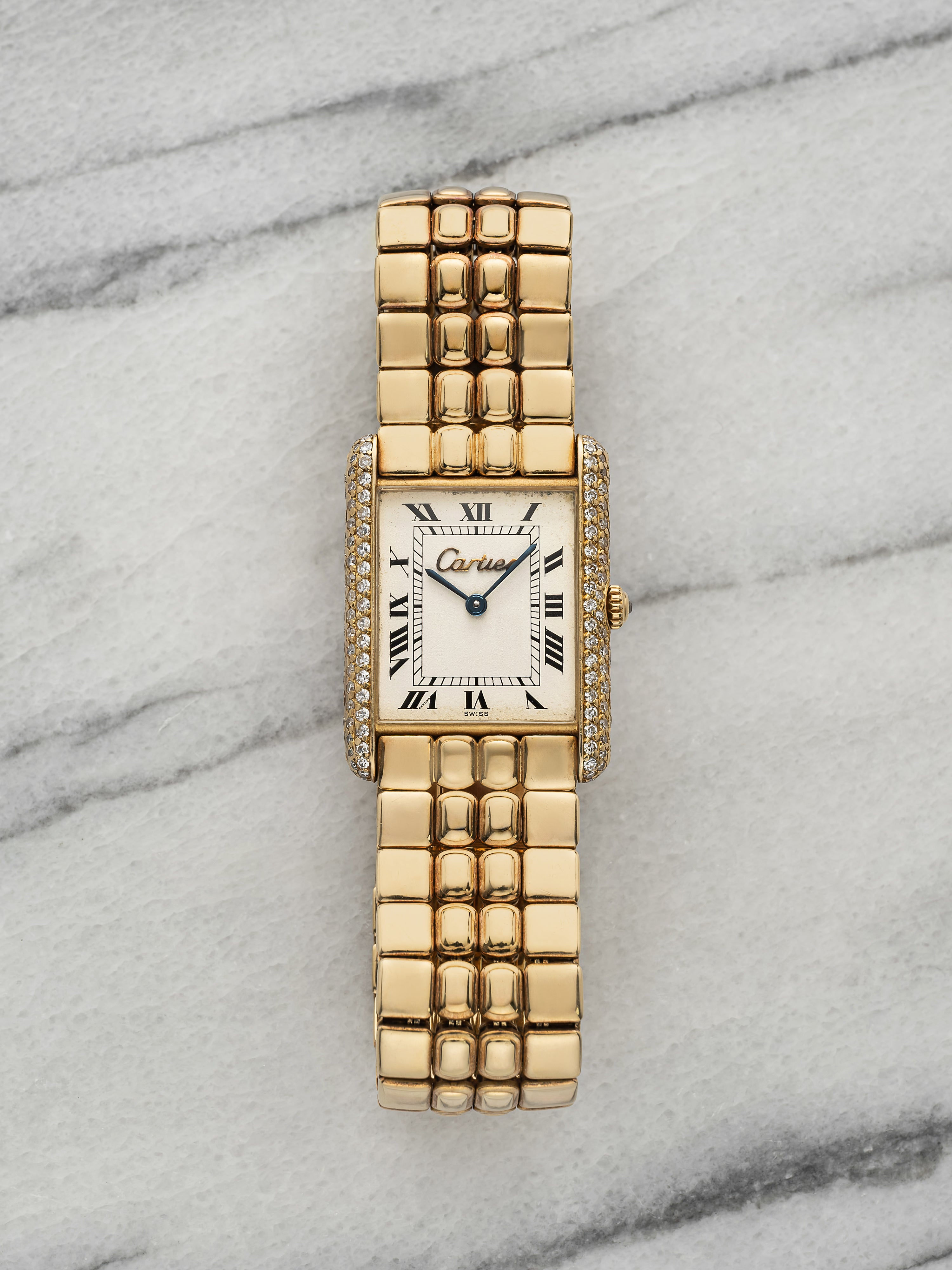 Vintage 1980s Cartier Tank Louis 81086 18K YG White Dial Diamond Quartz 23mm