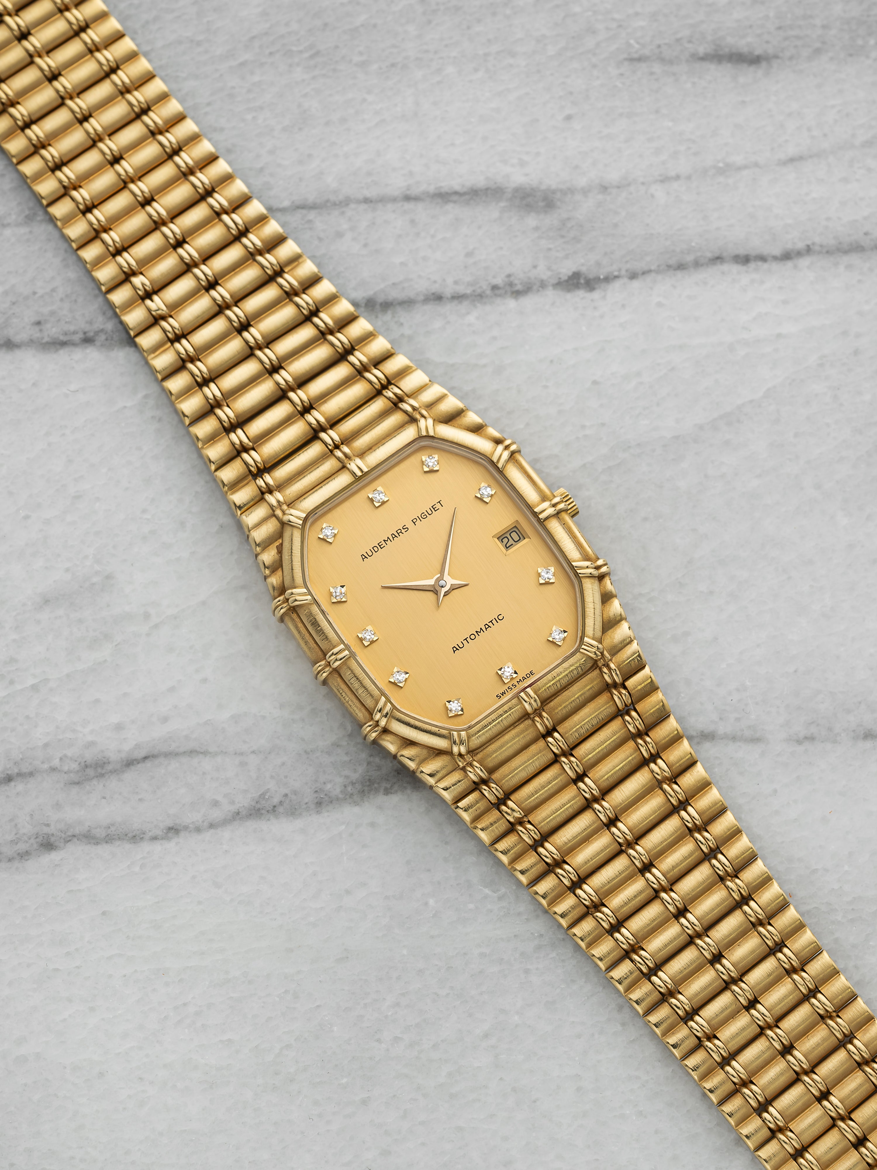 Vintage 1980s Audemars Piguet Bamboo Date 18K YG Diamond Dial Auto 23mm
