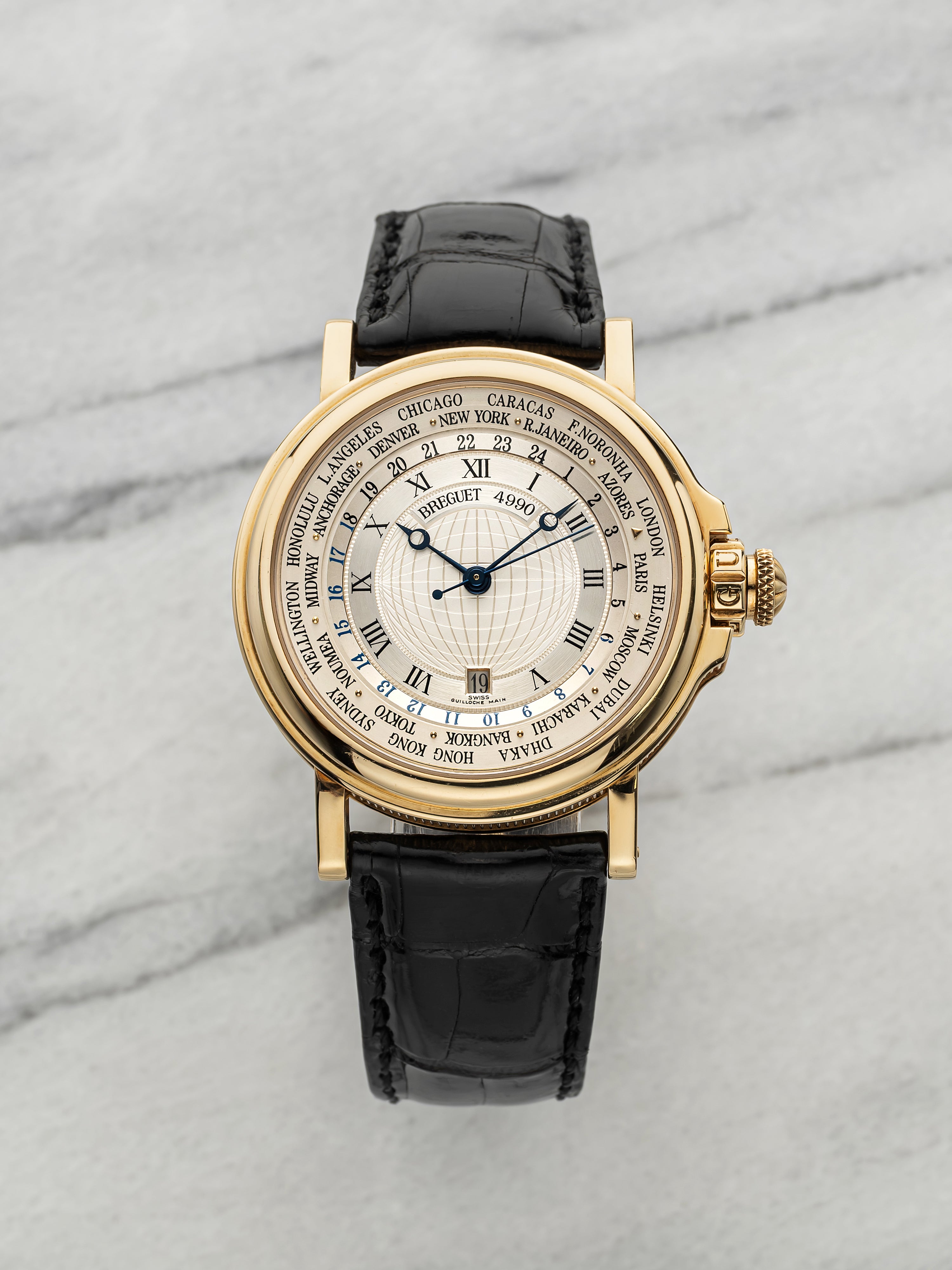 Vintage 1990s Breguet Marine 3700BA Hora Mundi 18K YG World Time Dial Auto 38mm
