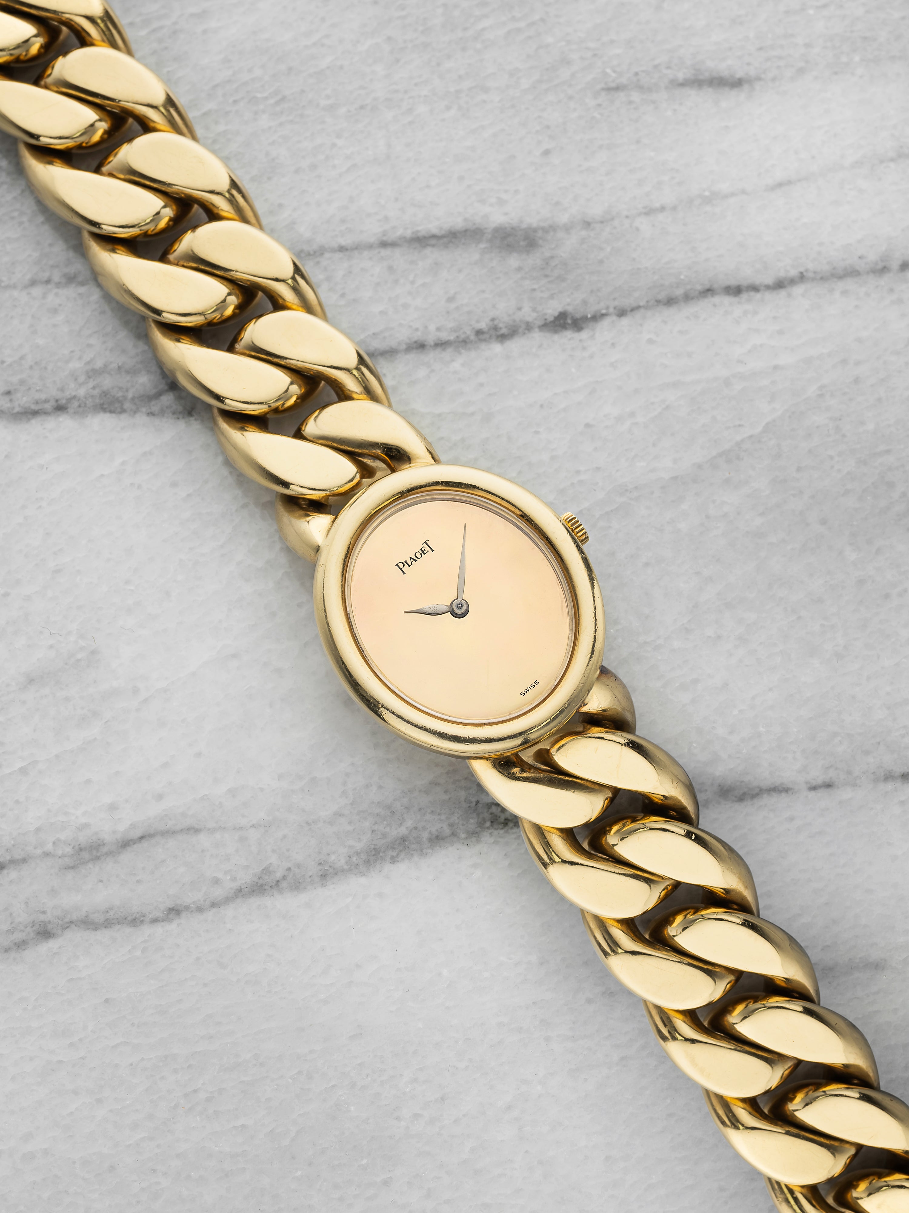 Vintage 1970s Piaget Cuban Link 9812 N160 18k Yellow Gold Foil Dial Manual 24 mm