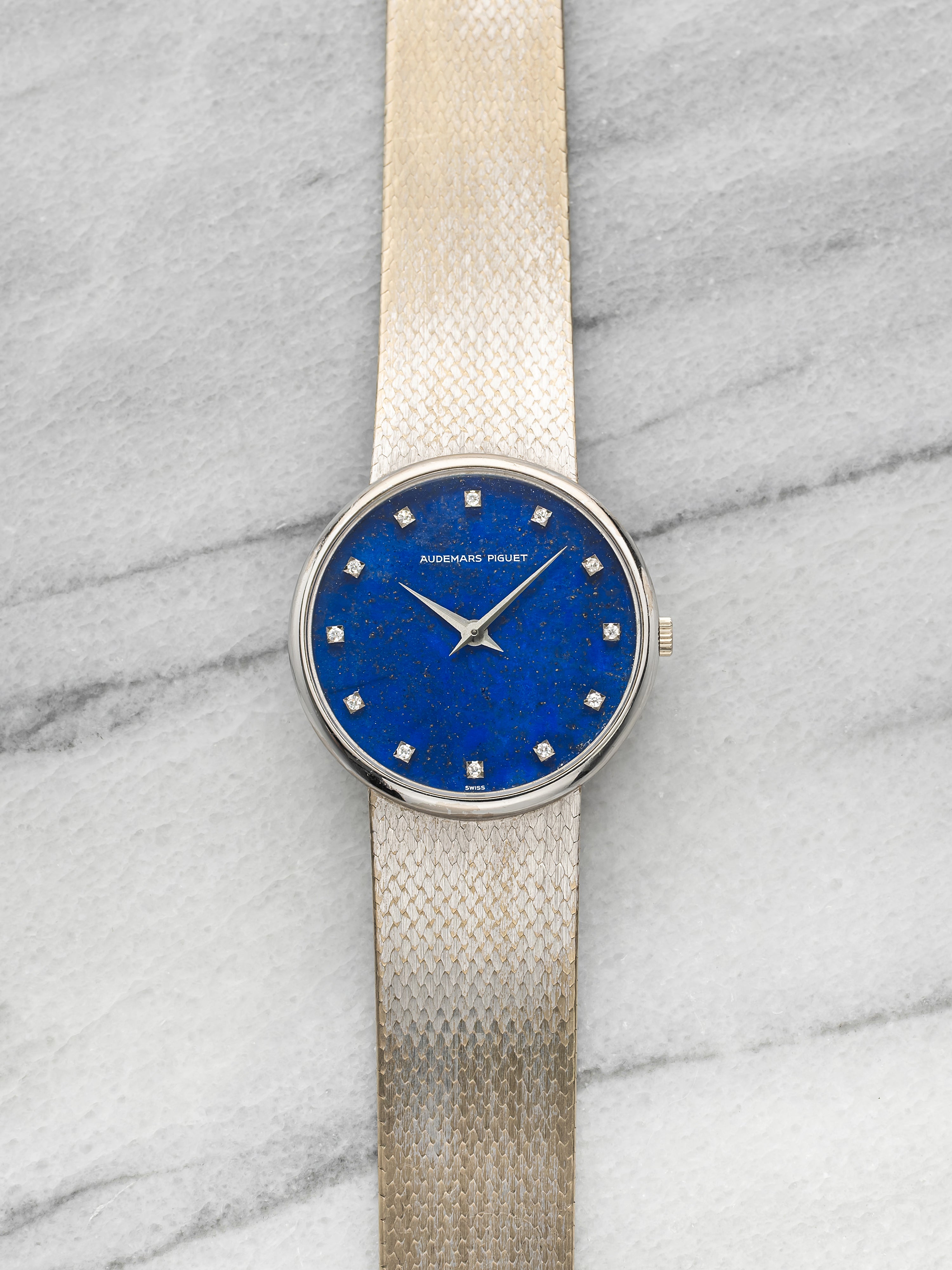 Vintage 1970s Audemars Piguet Ultra-Thin 5286 18K WG Lapis Lazuli Diamond 31mm
