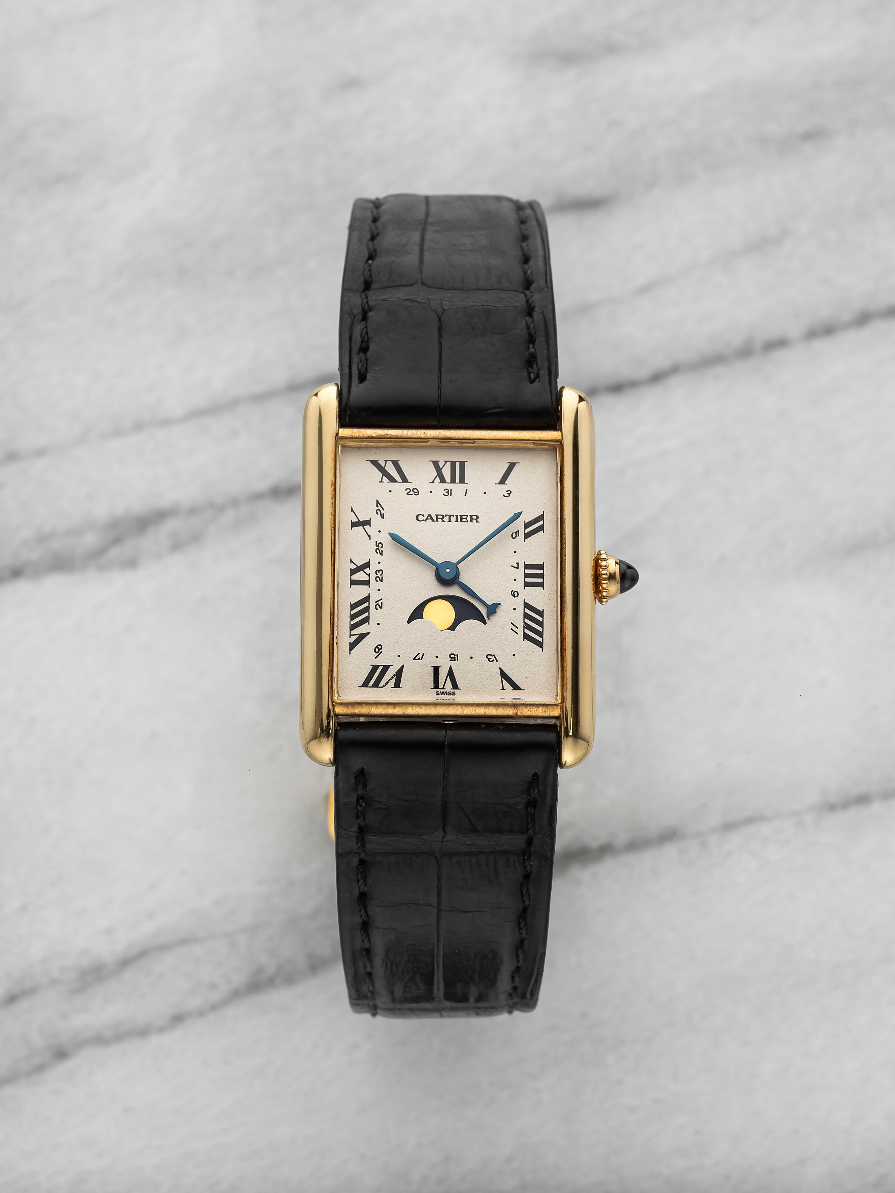 Vintage 1990s Cartier Tank 8190 18K YG Cream Moonphase Dial Quartz 23 mm