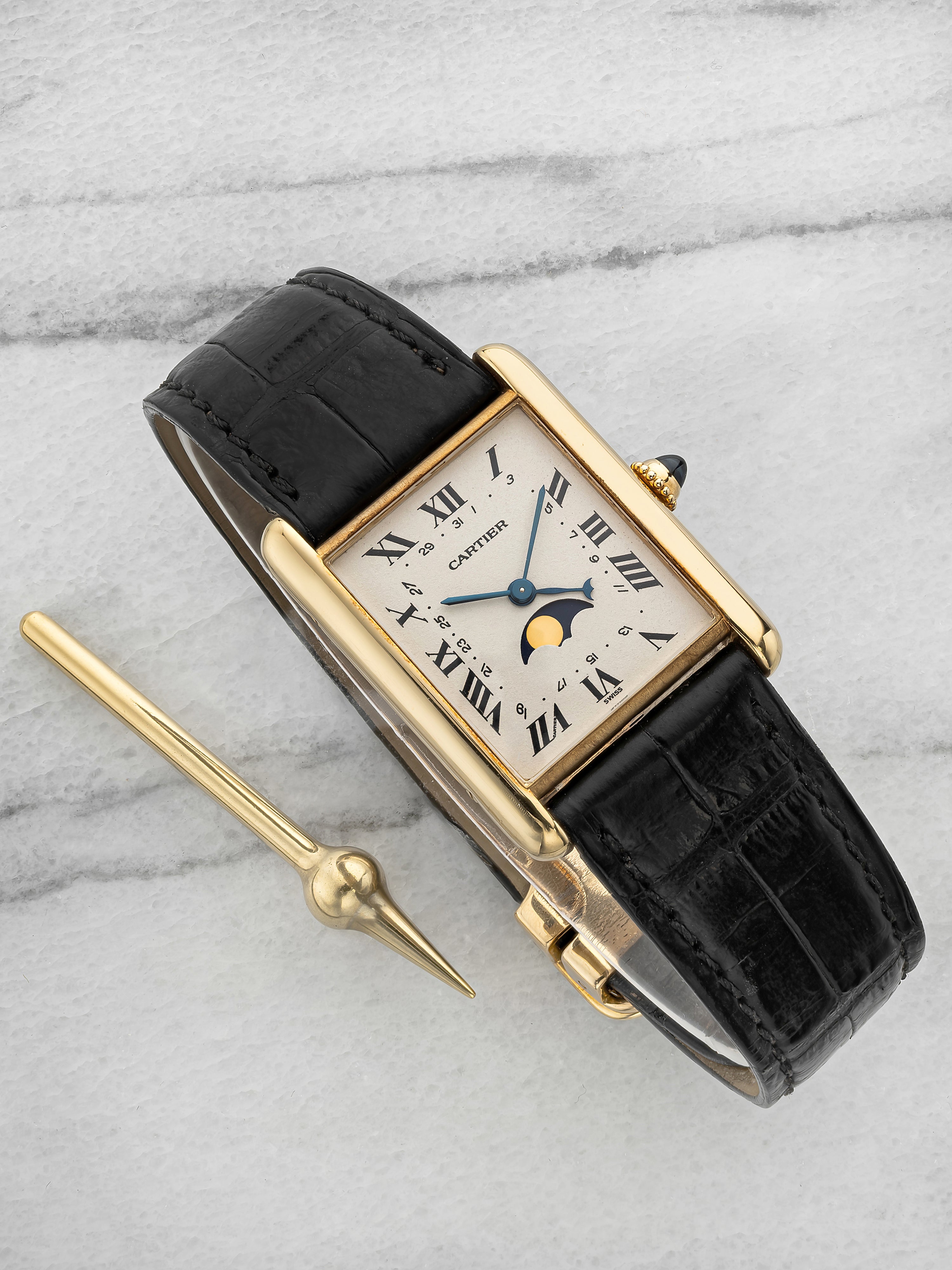 Vintage 1990s Cartier Tank 8190 18K YG Cream Moonphase Dial Quartz 23 mm