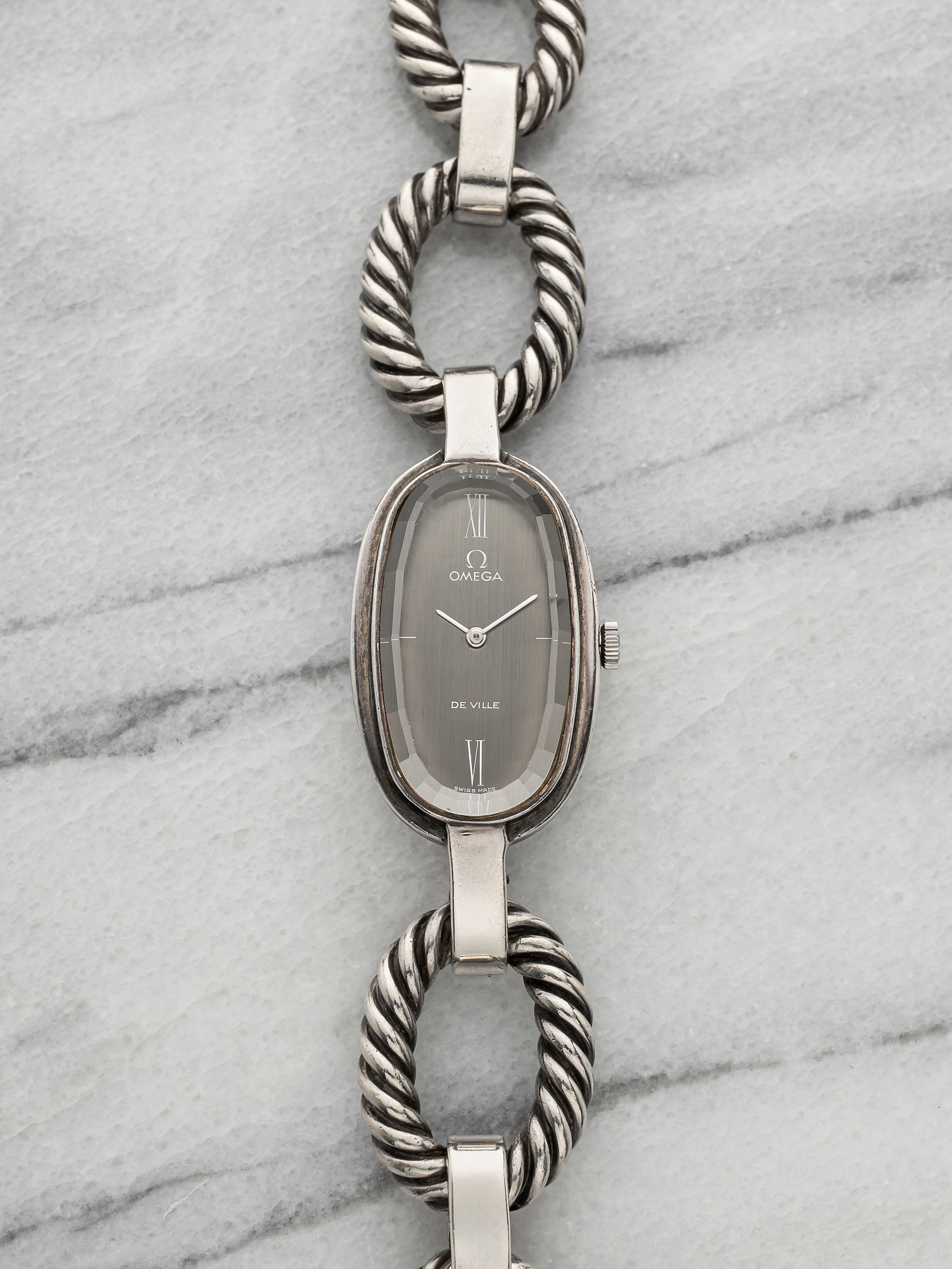 Vintage 1970s Omega De Ville Grima Sterling Silver Grey Roman Dial Manual 22mm