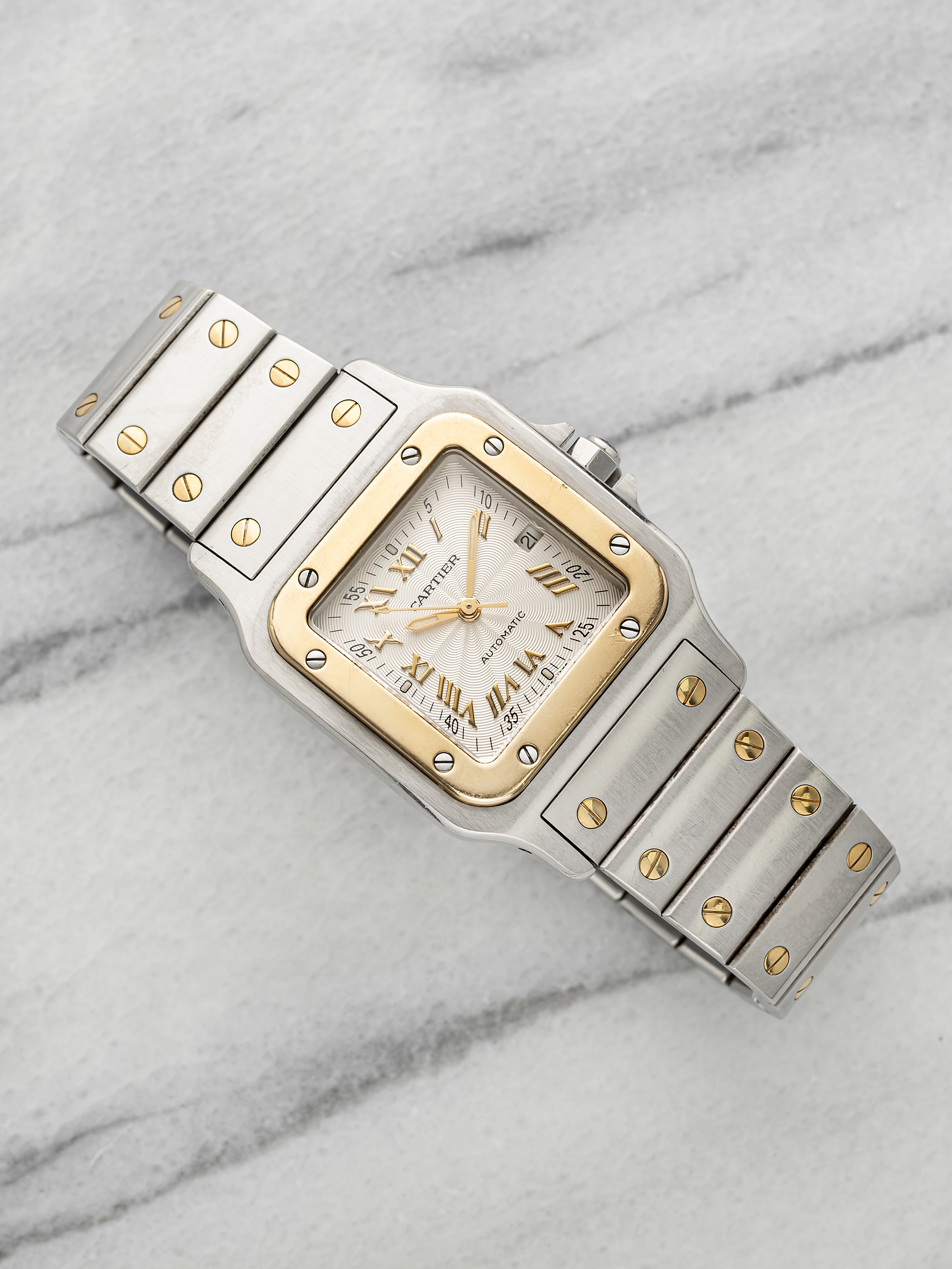 Vintage 1990s Cartier Lady Santos Galbee 1567 TT White Guilloche Quartz 29mm
