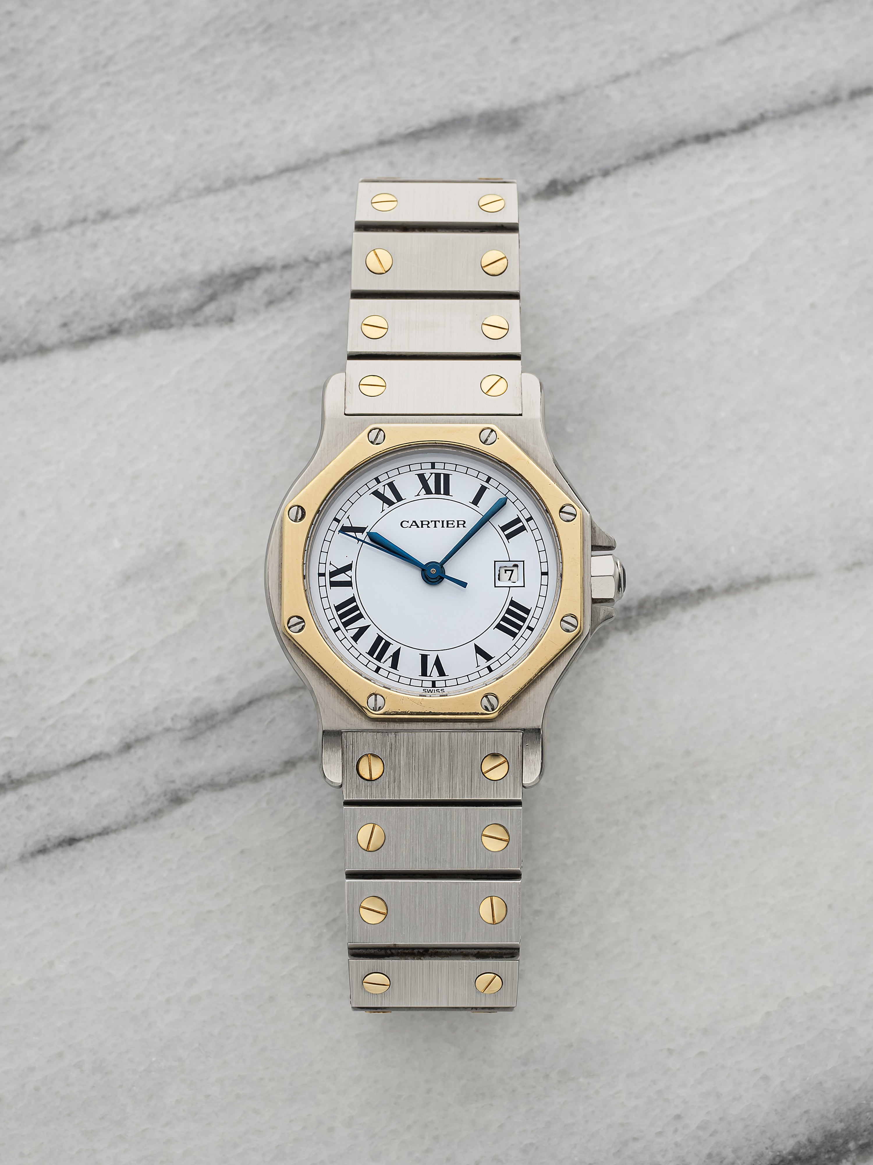 Vintage 1990s Cartier Santos Octagonal 2966 Two-Tone White Roman Dial Auto 30mm