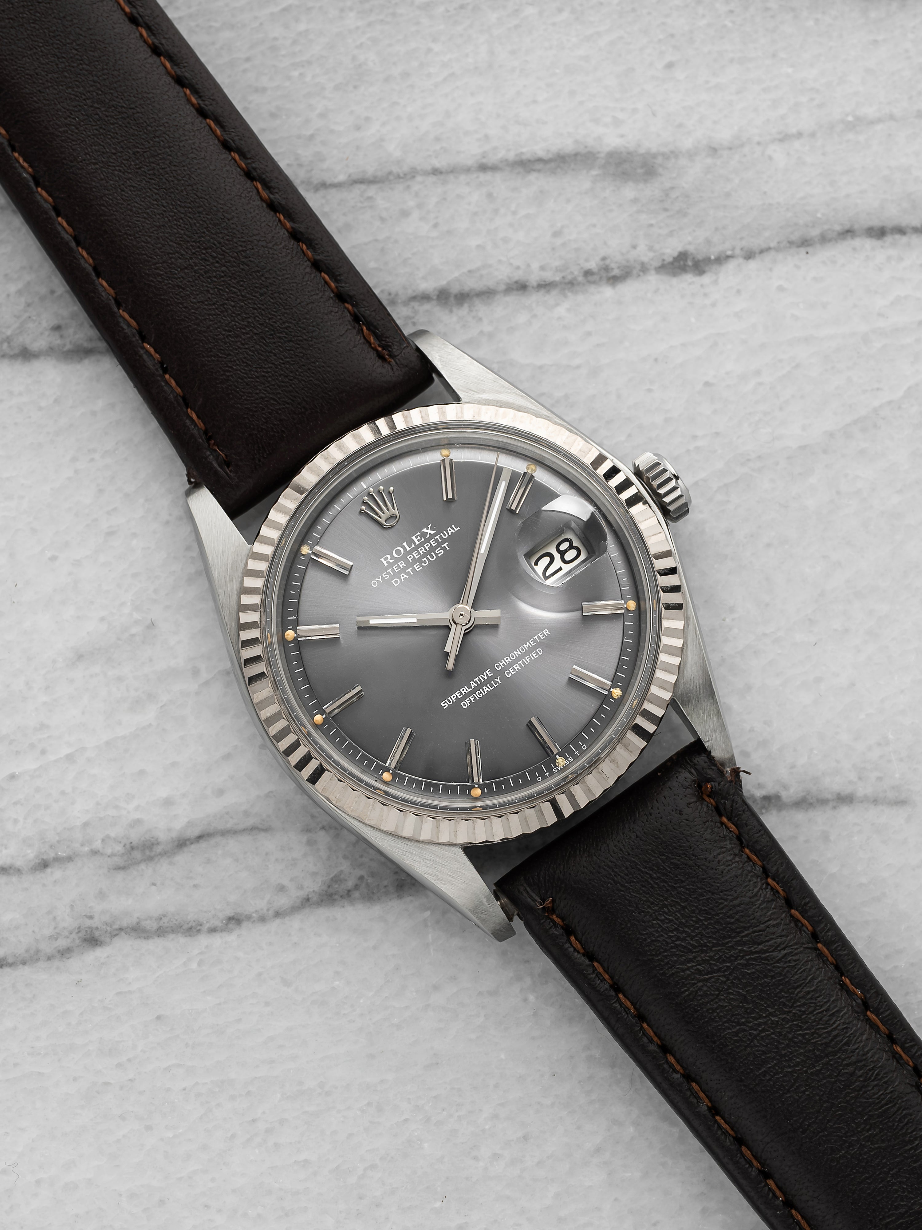 1973 Rolex Datejust 1601 Stainless Steel Grey Sunburst Dial 36mm