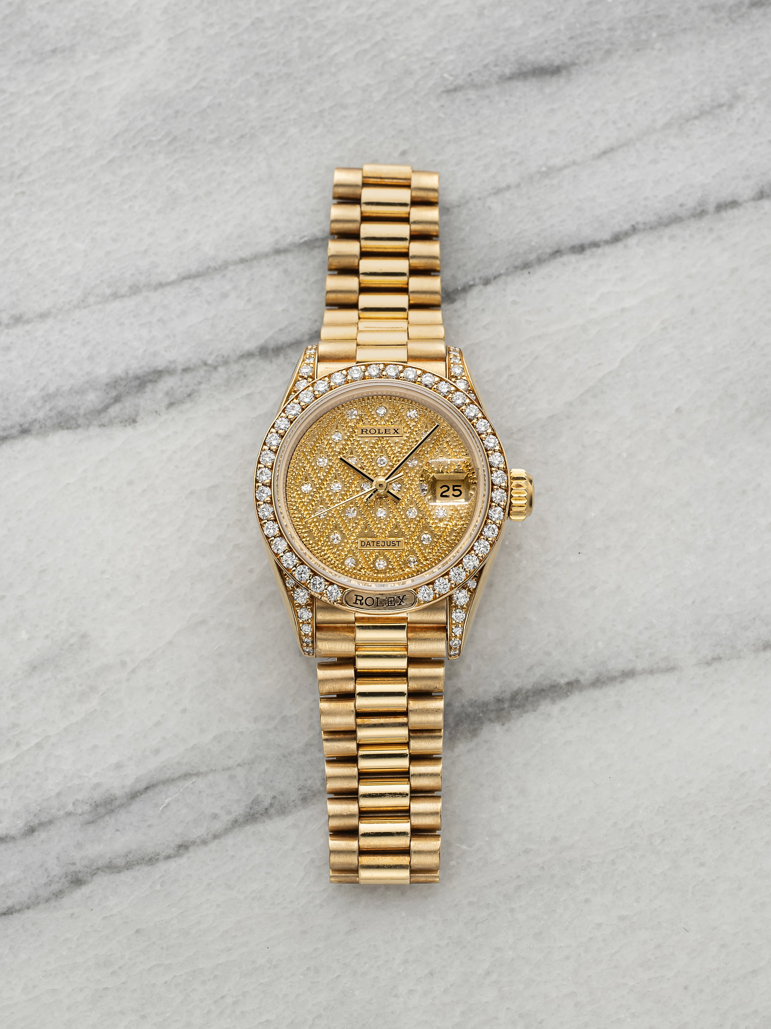 Vintage 1988 Rolex Lady Datejust 69158 YG Diamond Guilloche Dial Automatic 26mm