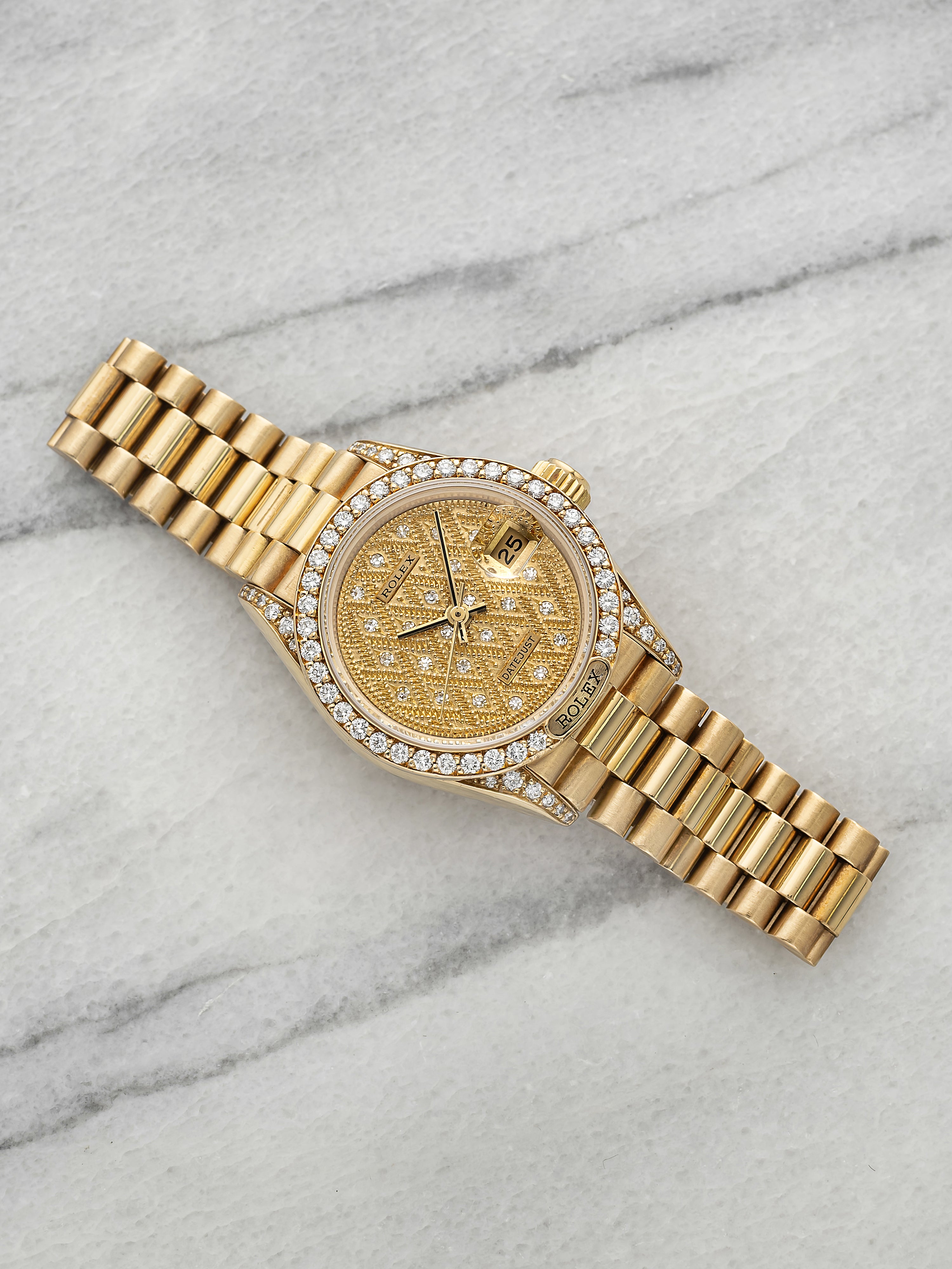 Vintage 1988 Rolex Lady Datejust 69158 YG Diamond Guilloche Dial Automatic 26mm