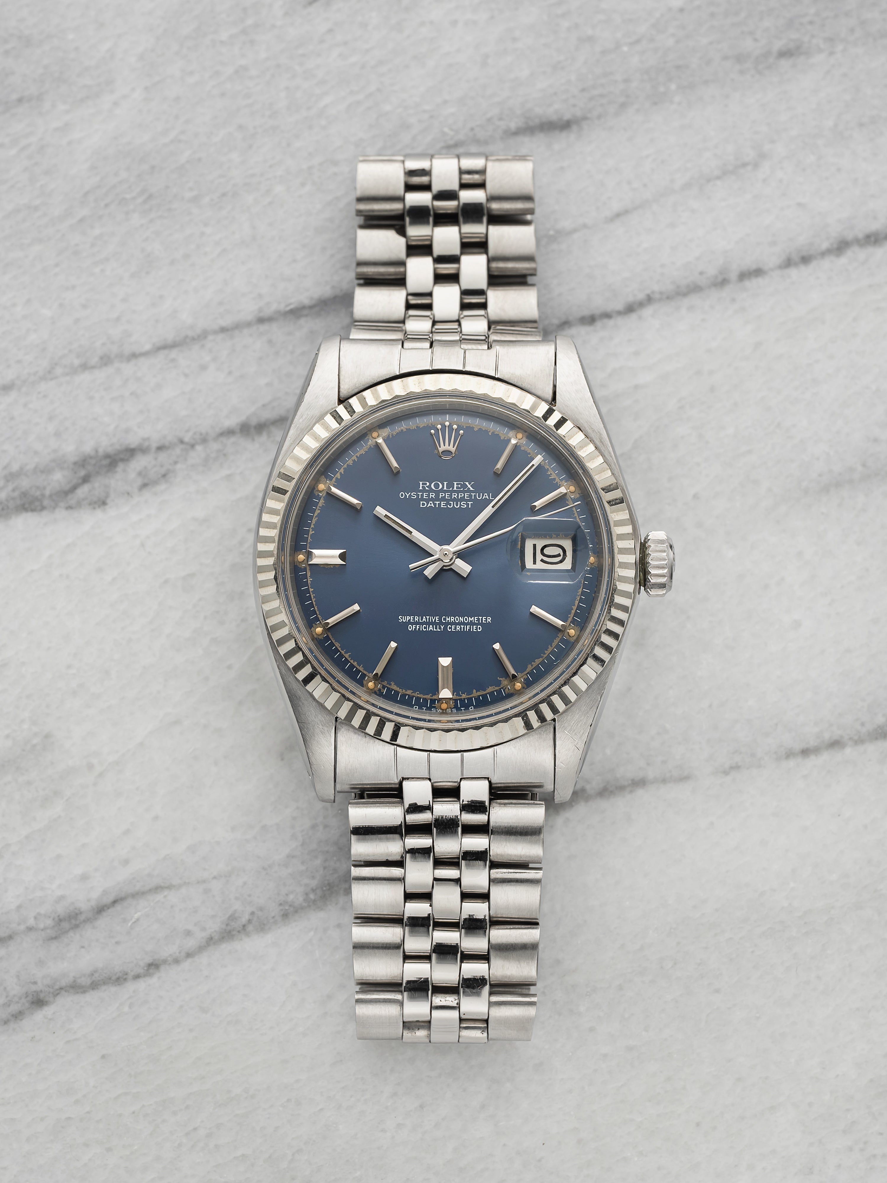 Vintage 1973 Rolex Datejust 1601 Stainless Steel Blue Patina Dial Auto 36mm