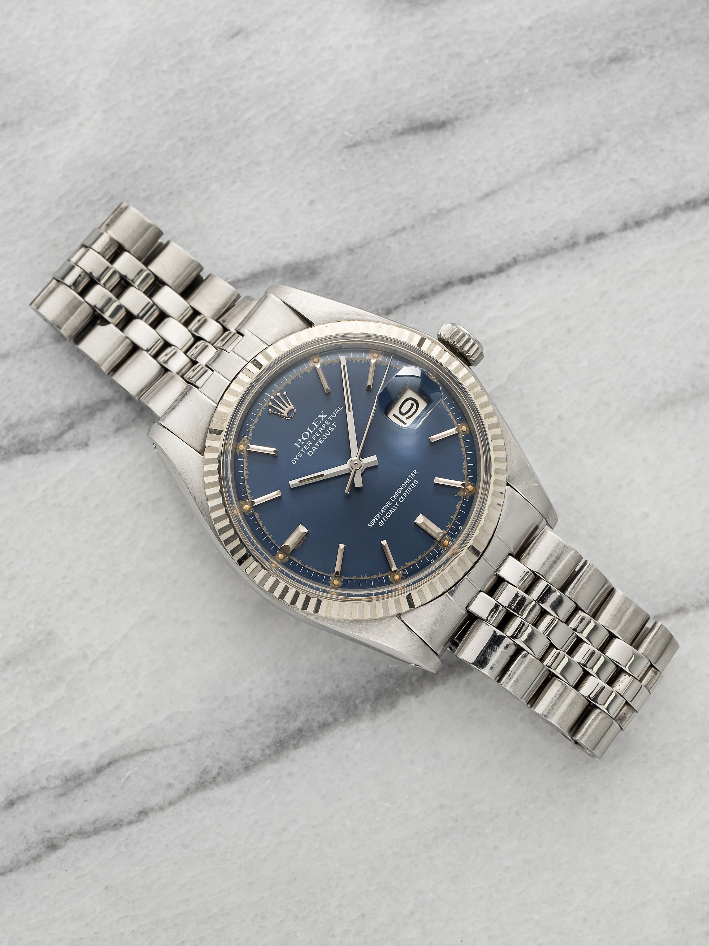 Vintage 1973 Rolex Datejust 1601 Stainless Steel Blue Patina Dial Auto 36mm