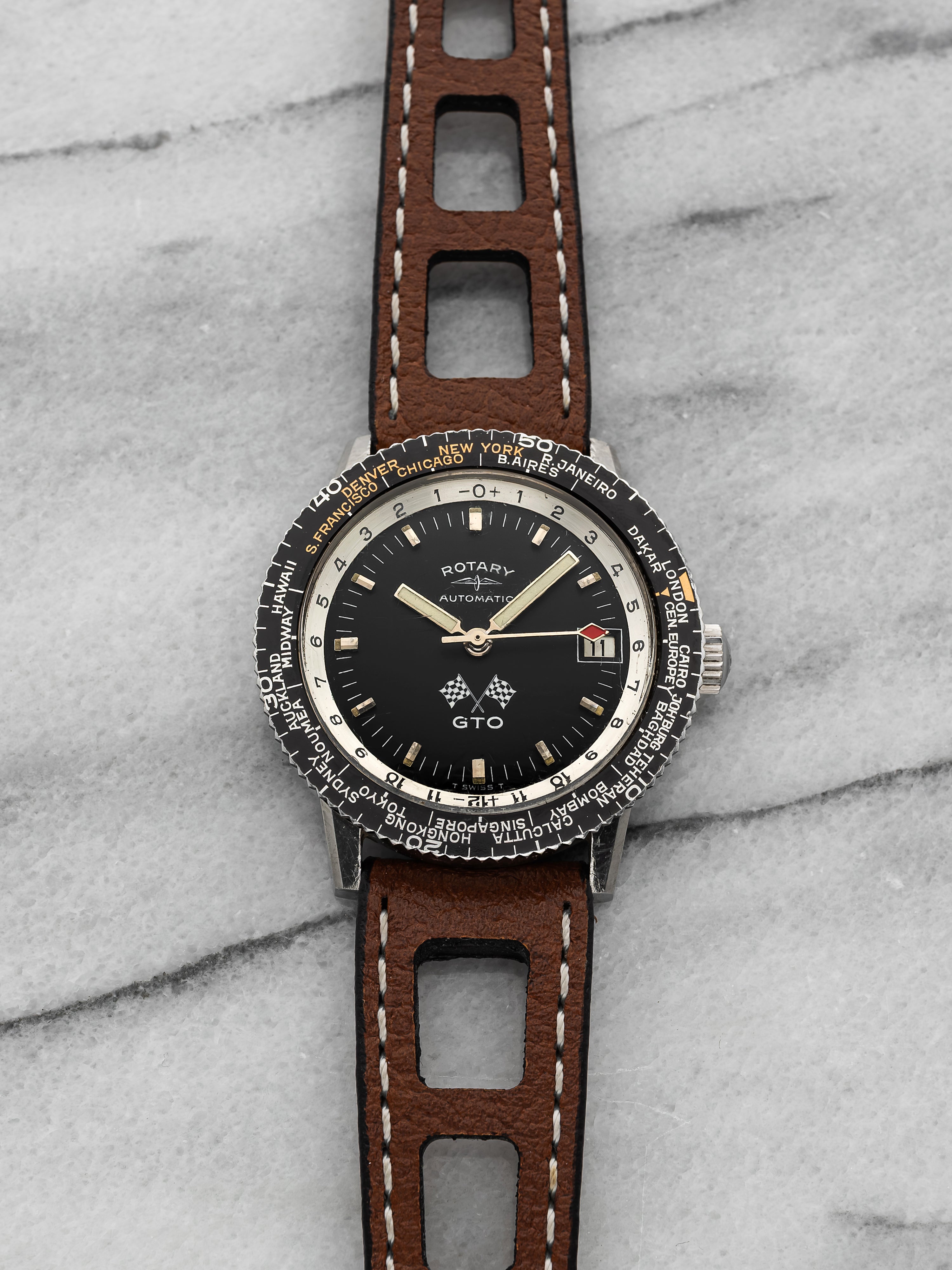 Rotary 1960s GTO Rally GMT – Stainless Steel, Multi-City Bezel, 39mm