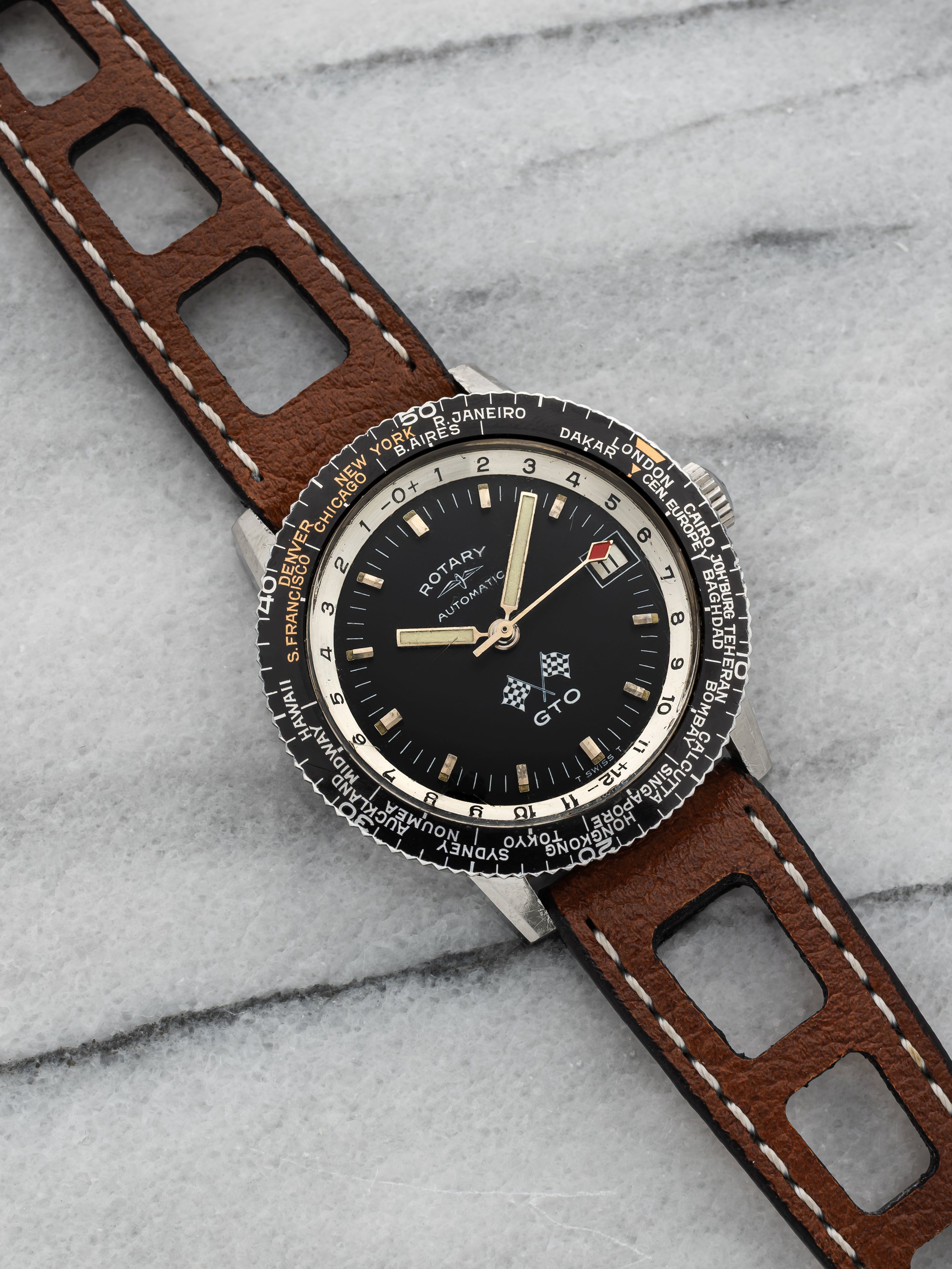 Rotary 1960s GTO Rally GMT – Stainless Steel, Multi-City Bezel, 39mm