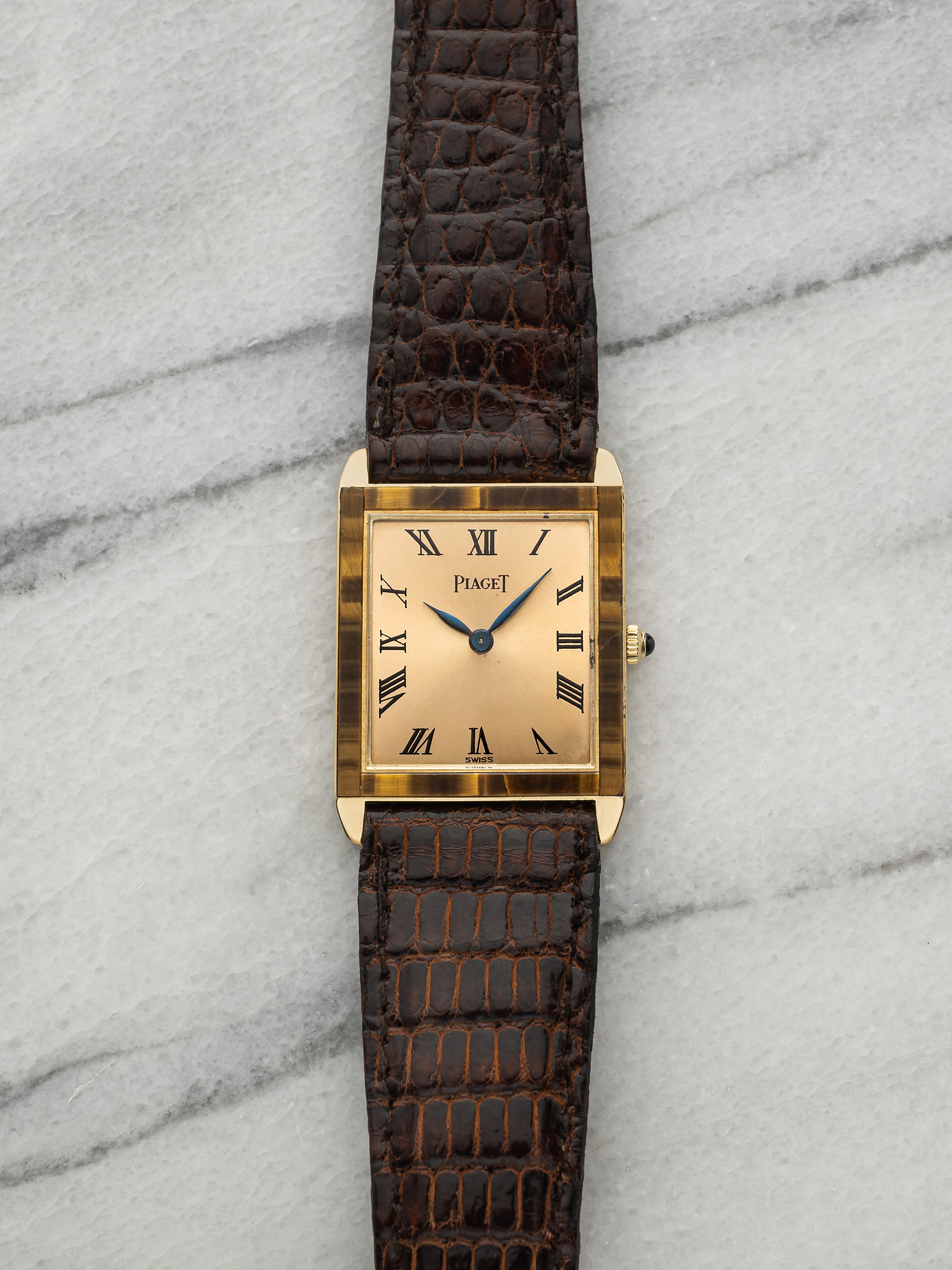 Vintage 1980s Piaget Lady Tank 9161 18K Yellow Gold Tiger Eye Bezel Manual 23mm