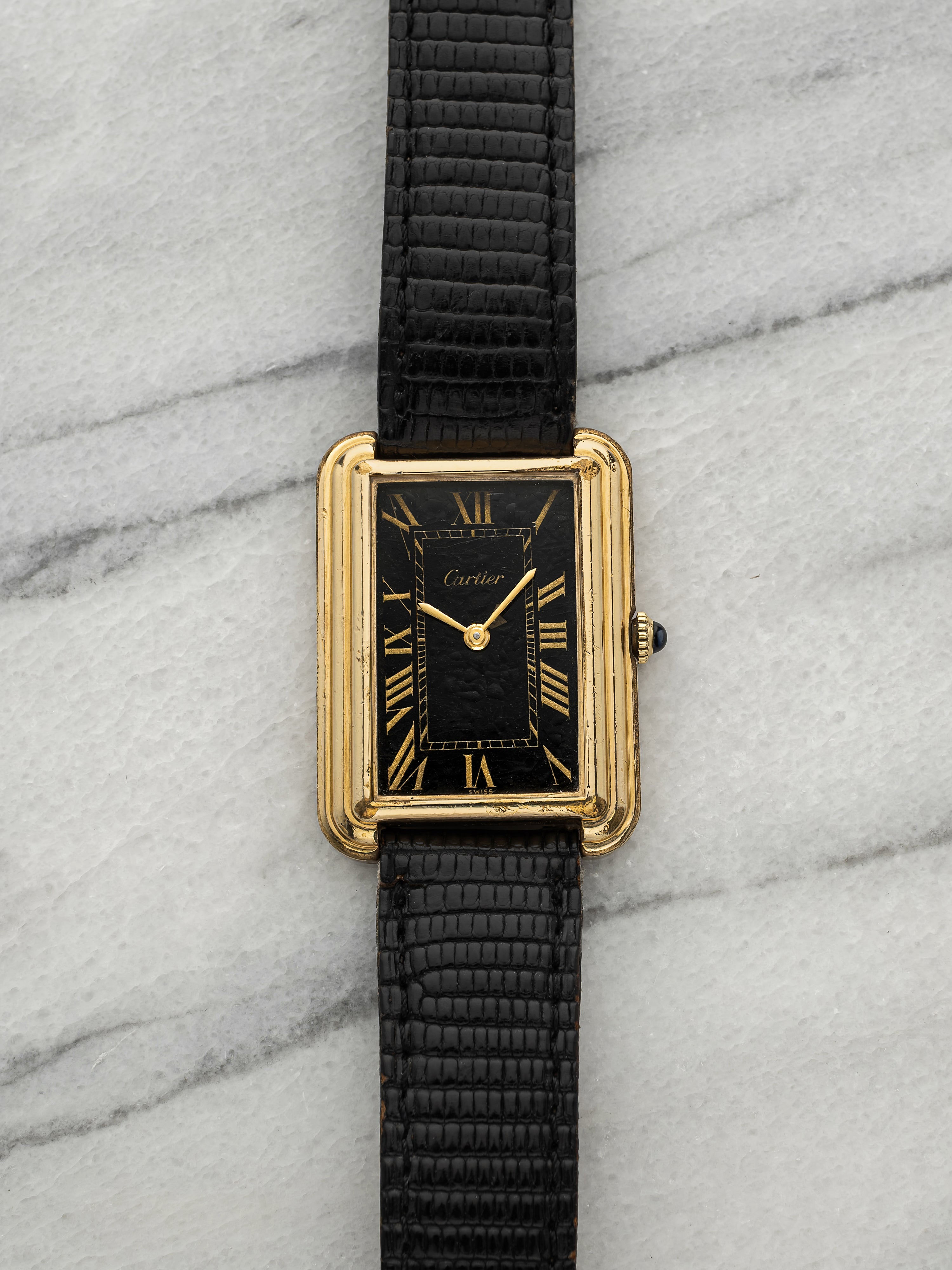 Vintage 1970s Cartier "New York" Jumbo Tank Gold Plated Black Dial Manual 28mm