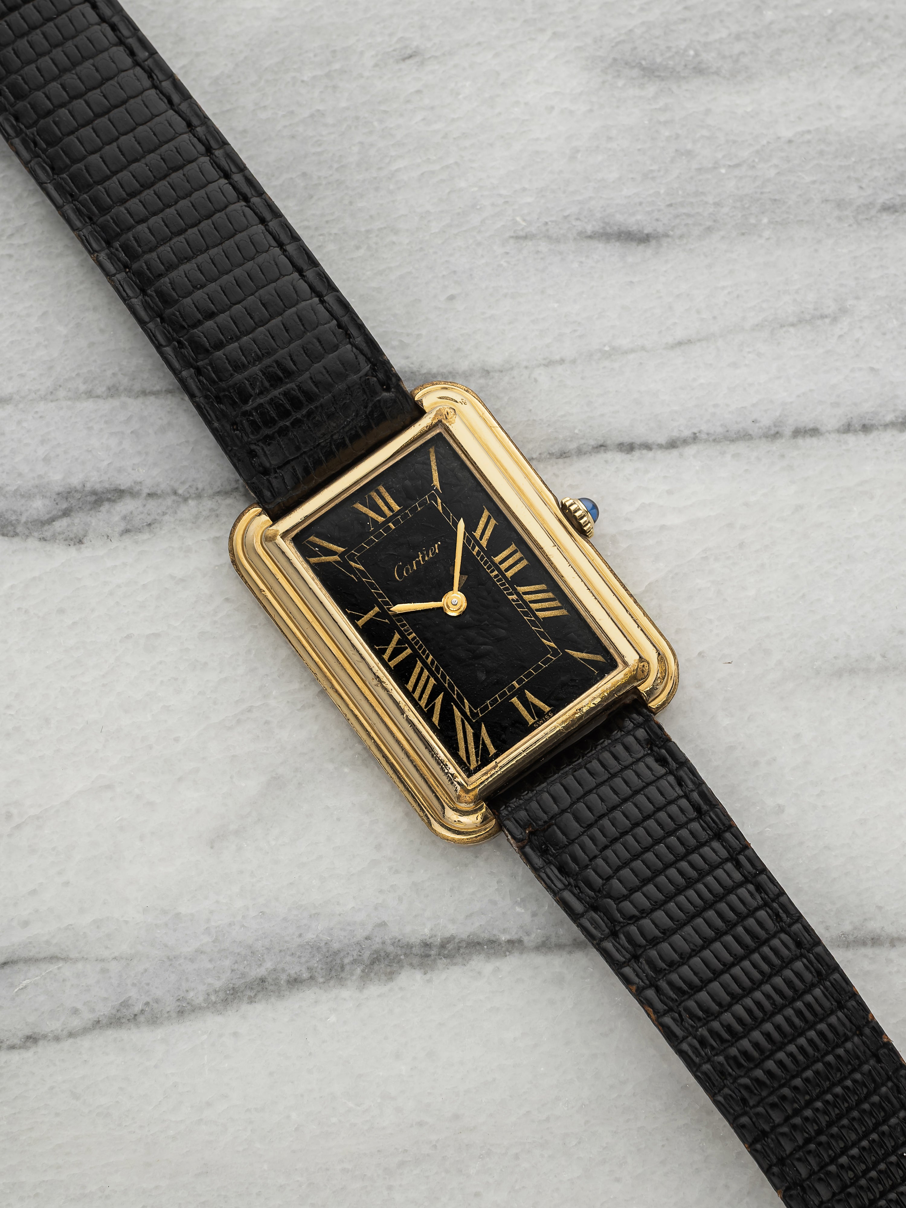Vintage 1970s Cartier "New York" Jumbo Tank Gold Plated Black Dial Manual 28mm