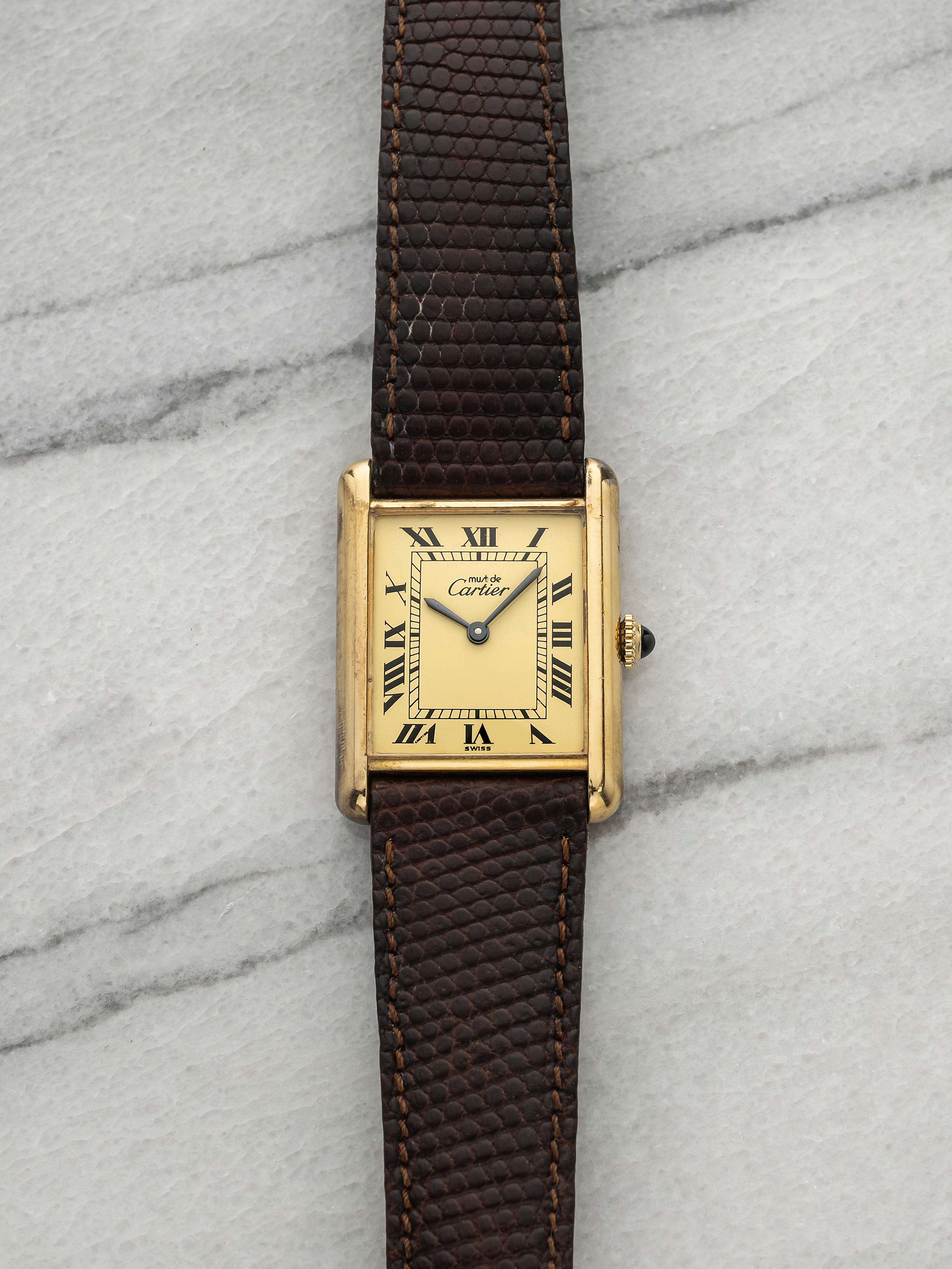 Vintage 1970s Cartier Lady Must de Tank Vermeil Lemon Roman Dial Manual 23mm