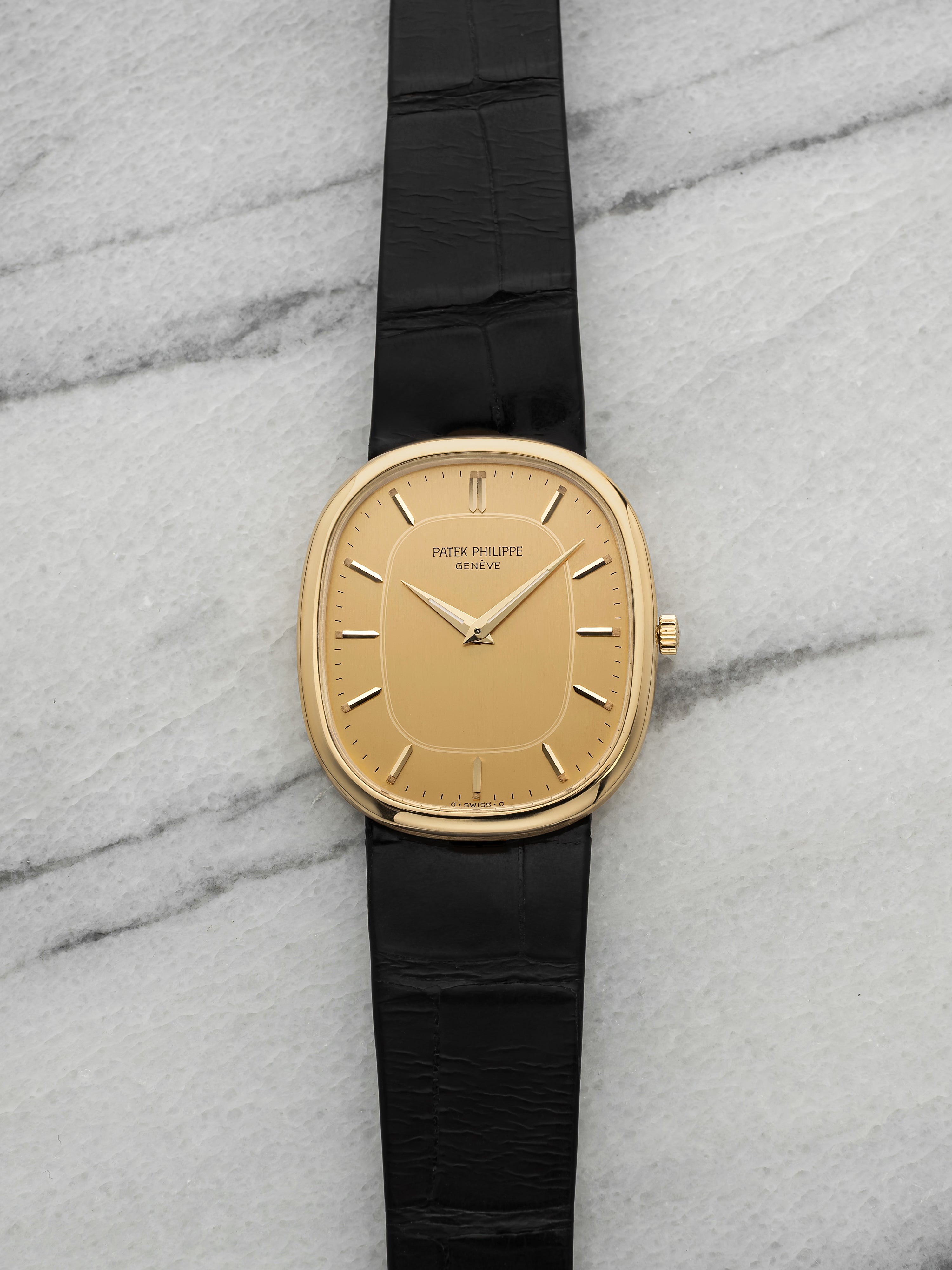 Vintage 1980s Patek Philippe Jumbo Ellipse 18K YG Champagne Dial Quartz 35mm